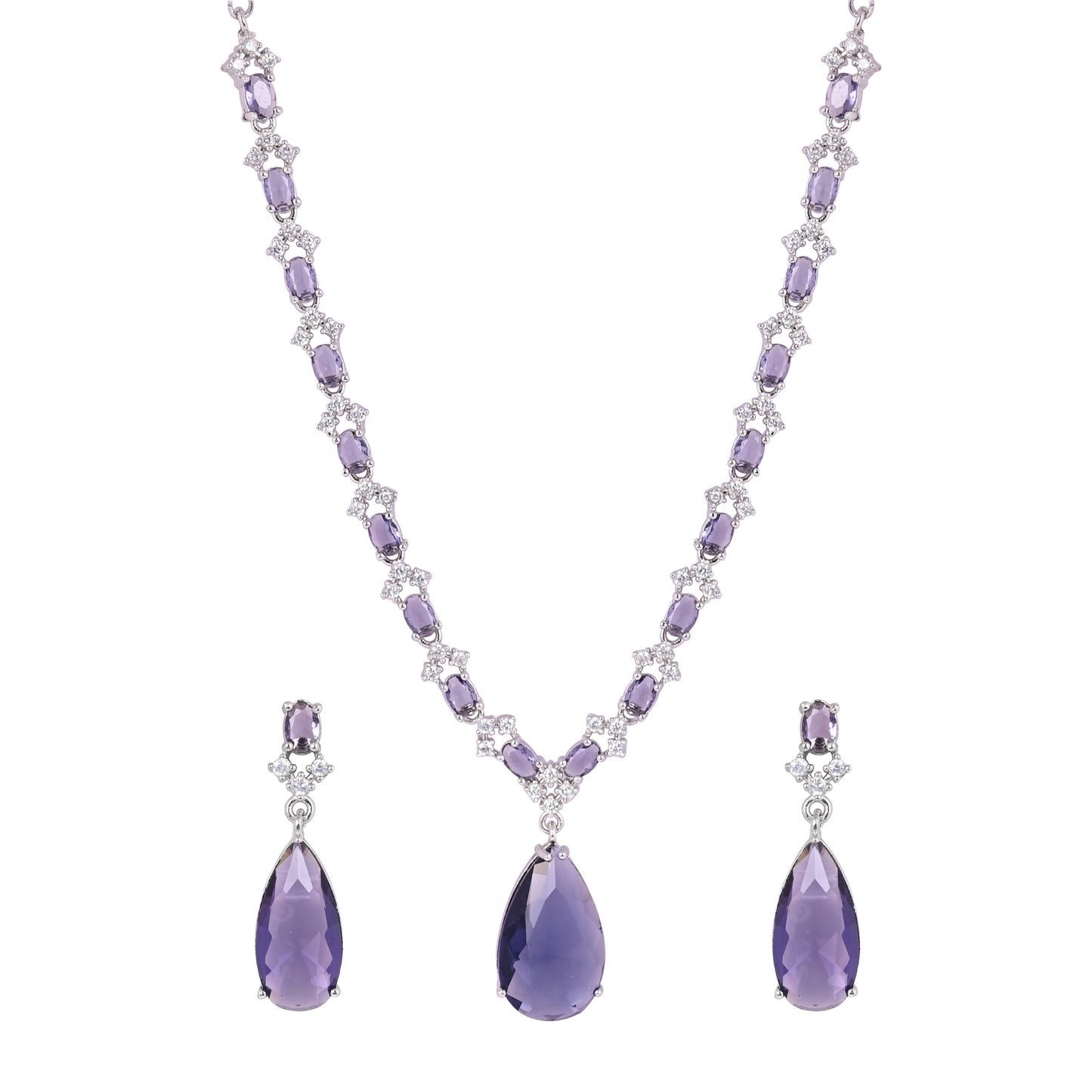 CKLAKART's NOOR Classic Silver-Toned Drop Necklace Set with Amethyst Purple Stones and Sophisticated American Diamonds