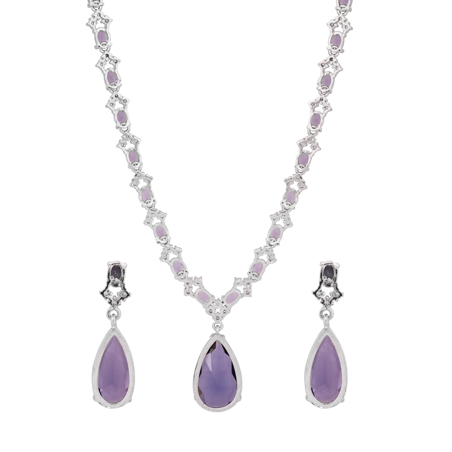 CKLAKART's NOOR Classic Silver-Toned Drop Necklace Set with Amethyst Purple Stones and Sophisticated American Diamonds