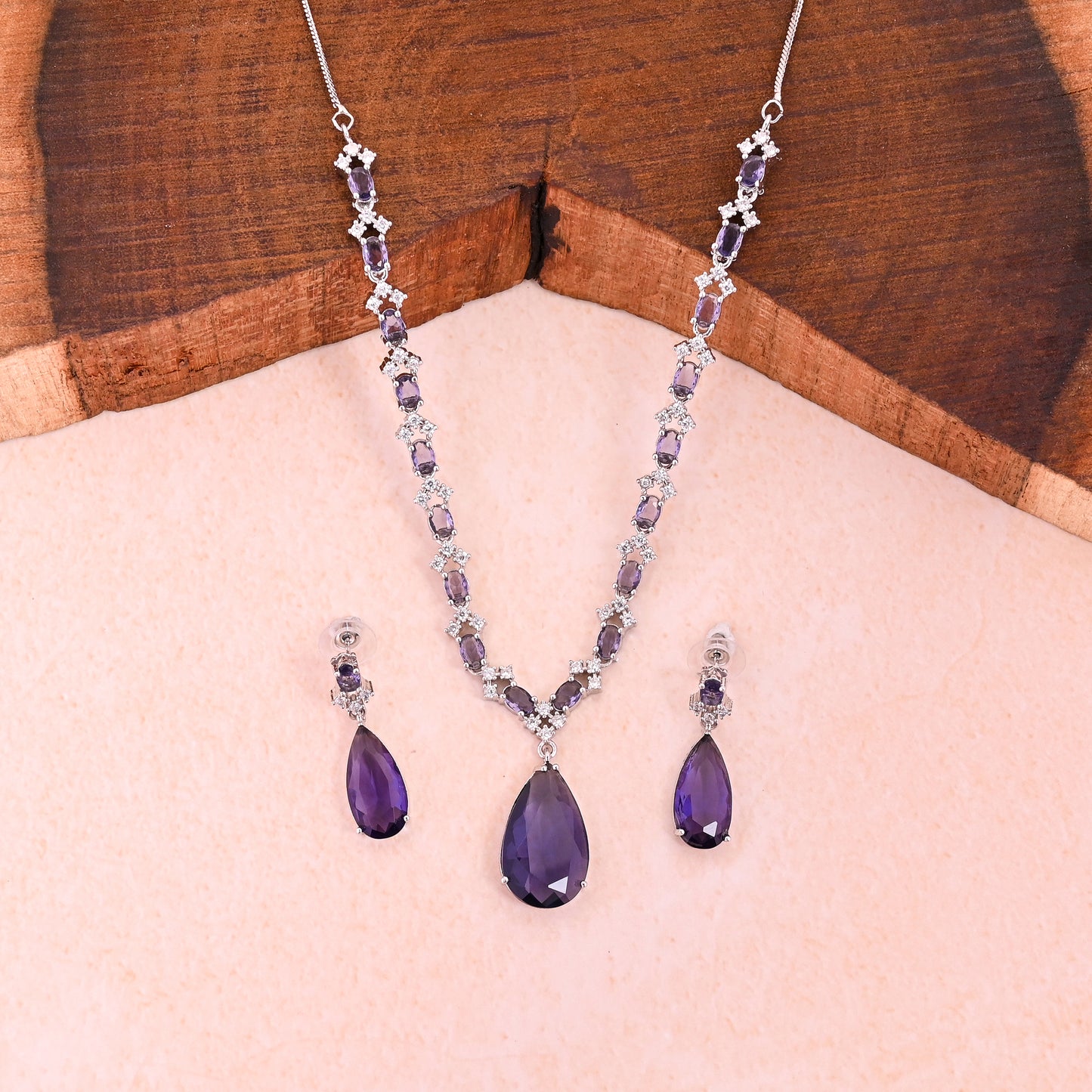 CKLAKART's NOOR Classic Silver-Toned Drop Necklace Set with Amethyst Purple Stones and Sophisticated American Diamonds