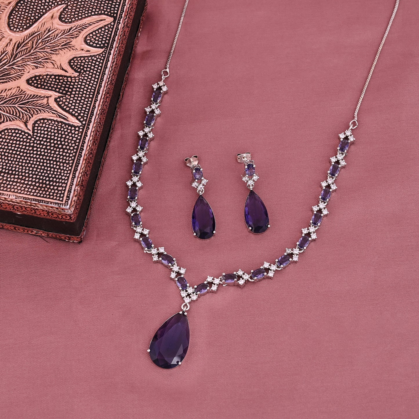 CKLAKART's NOOR Classic Silver-Toned Drop Necklace Set with Amethyst Purple Stones and Sophisticated American Diamonds