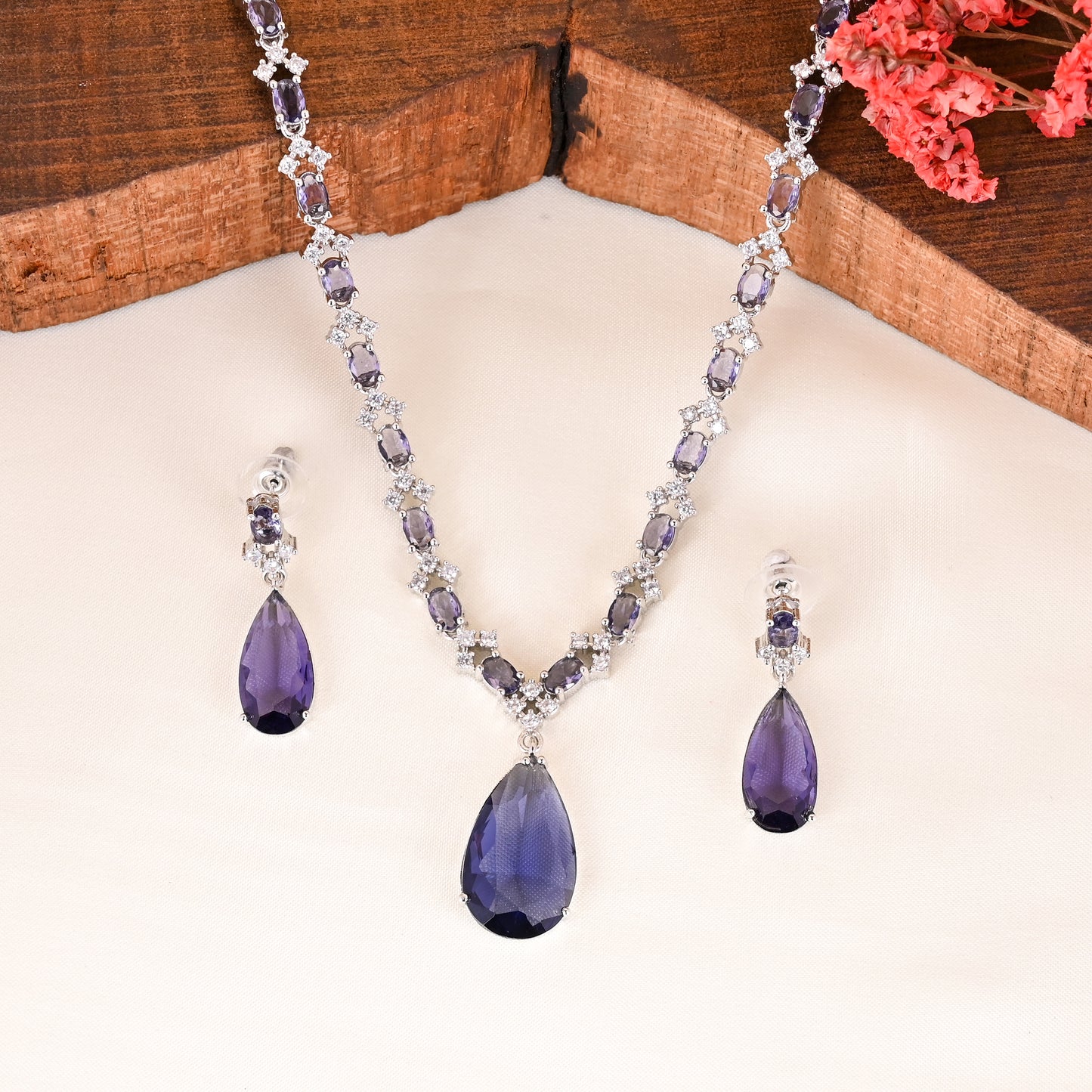 CKLAKART's NOOR Classic Silver-Toned Drop Necklace Set with Amethyst Purple Stones and Sophisticated American Diamonds