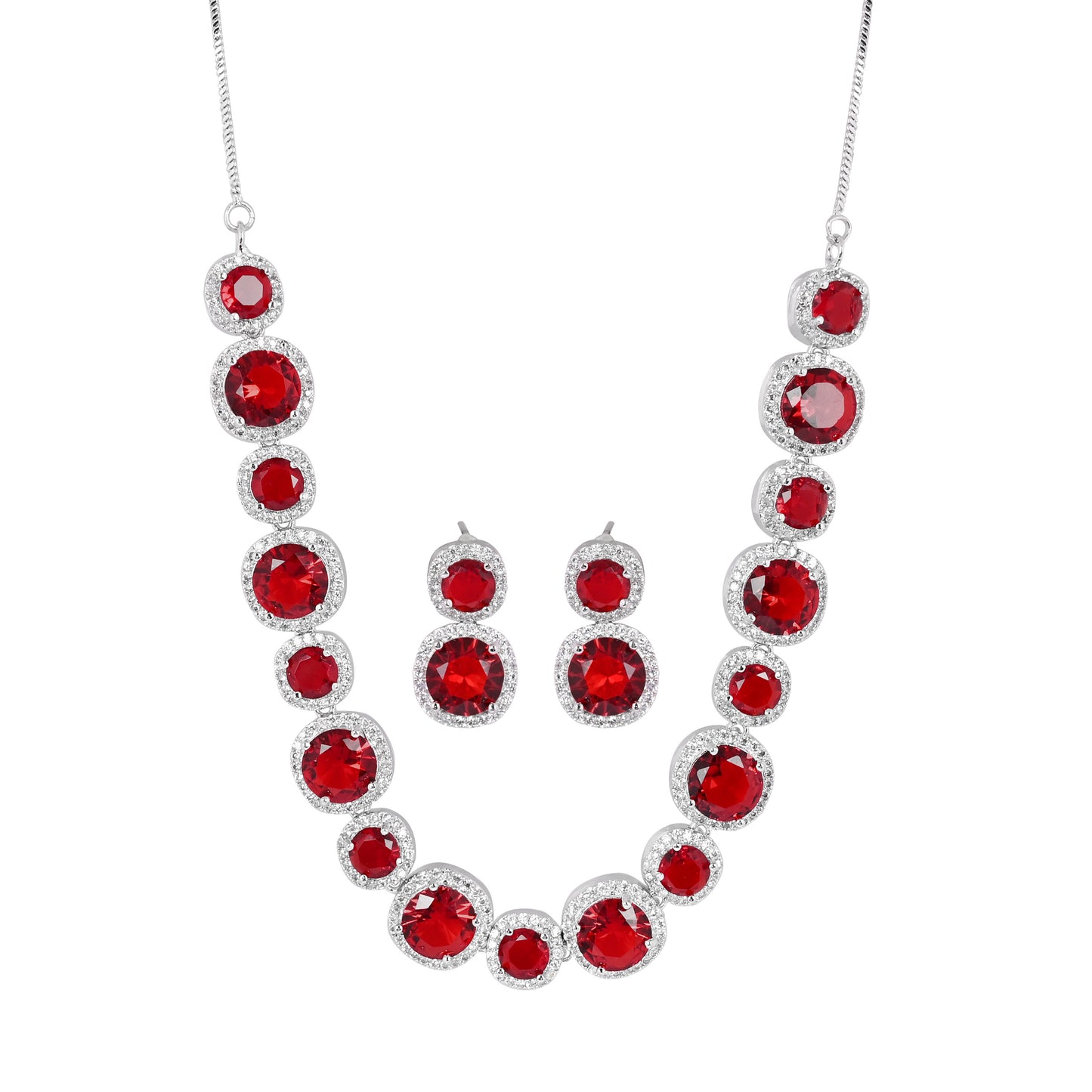 CKLAKART's NOOR Silver-Toned Necklace Set Adorned with Ruby Red Stones and Dazzling American Diamonds