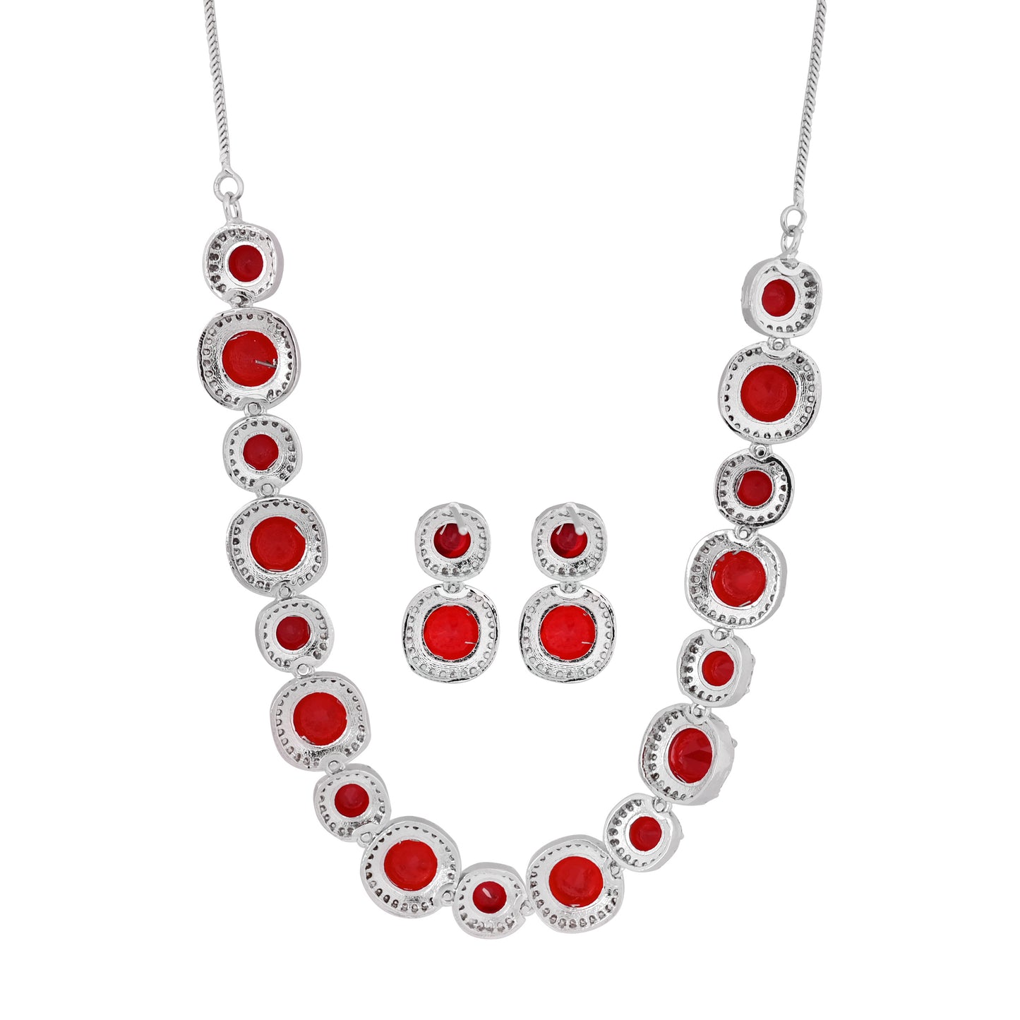 CKLAKART's NOOR Silver-Toned Necklace Set Adorned with Ruby Red Stones and Dazzling American Diamonds