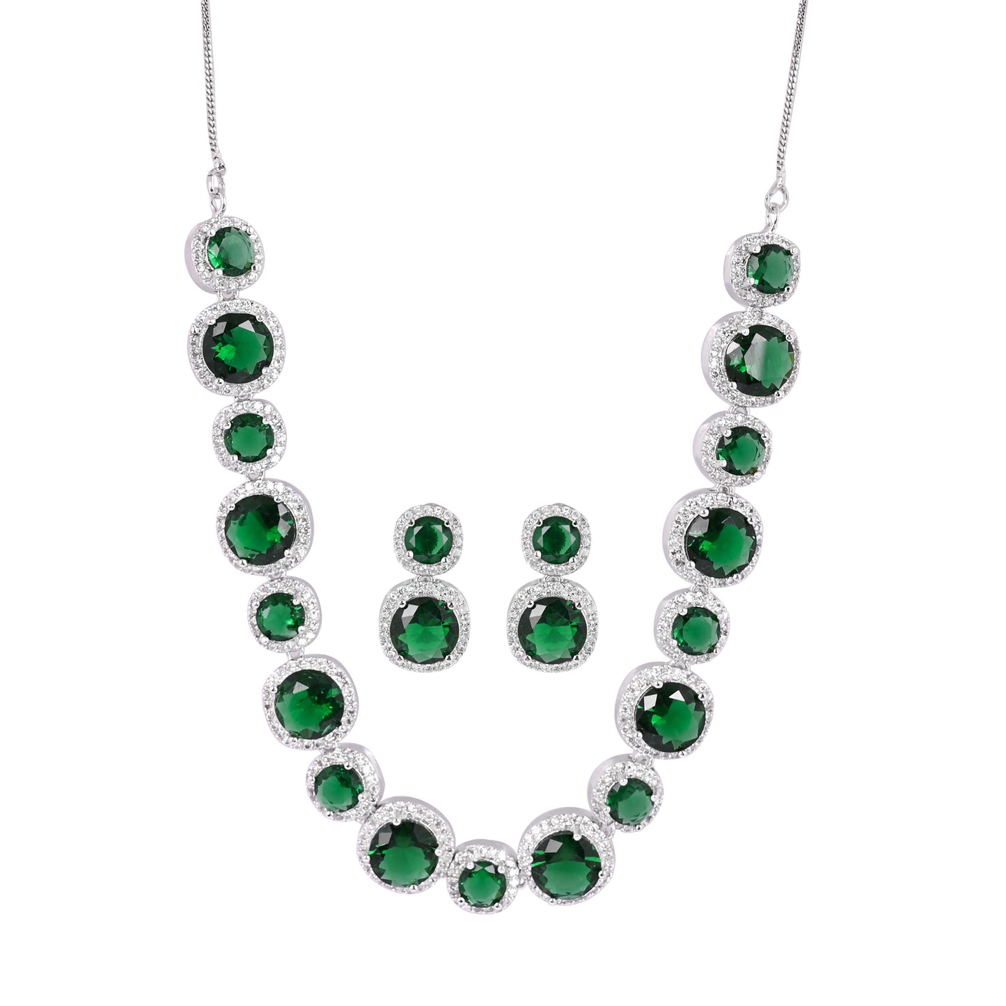 CKLAKART's NOOR Silver-Toned Necklace Set Adorned with Emerald Green Stones and Dazzling American Diamonds