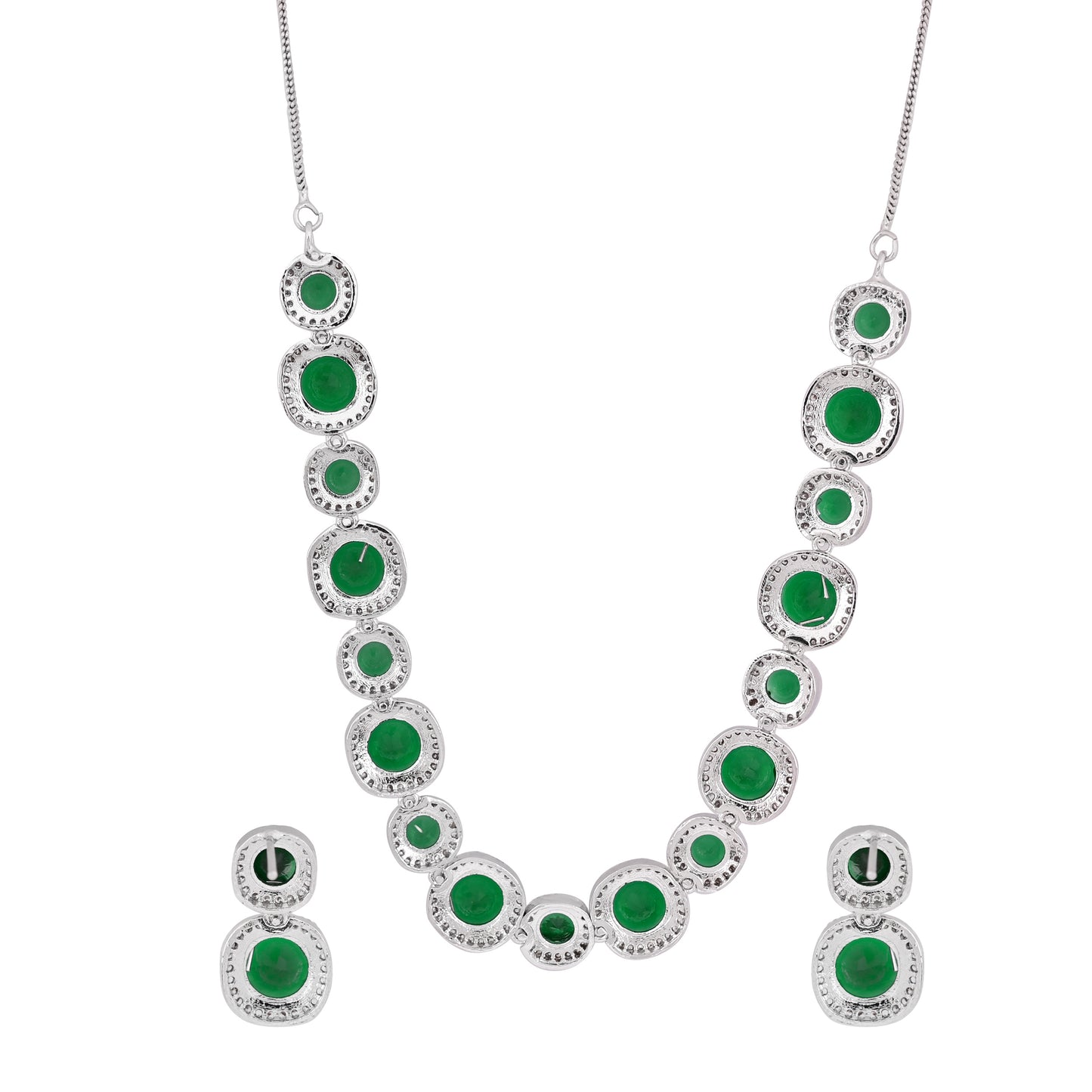 CKLAKART's NOOR Silver-Toned Necklace Set Adorned with Emerald Green Stones and Dazzling American Diamonds