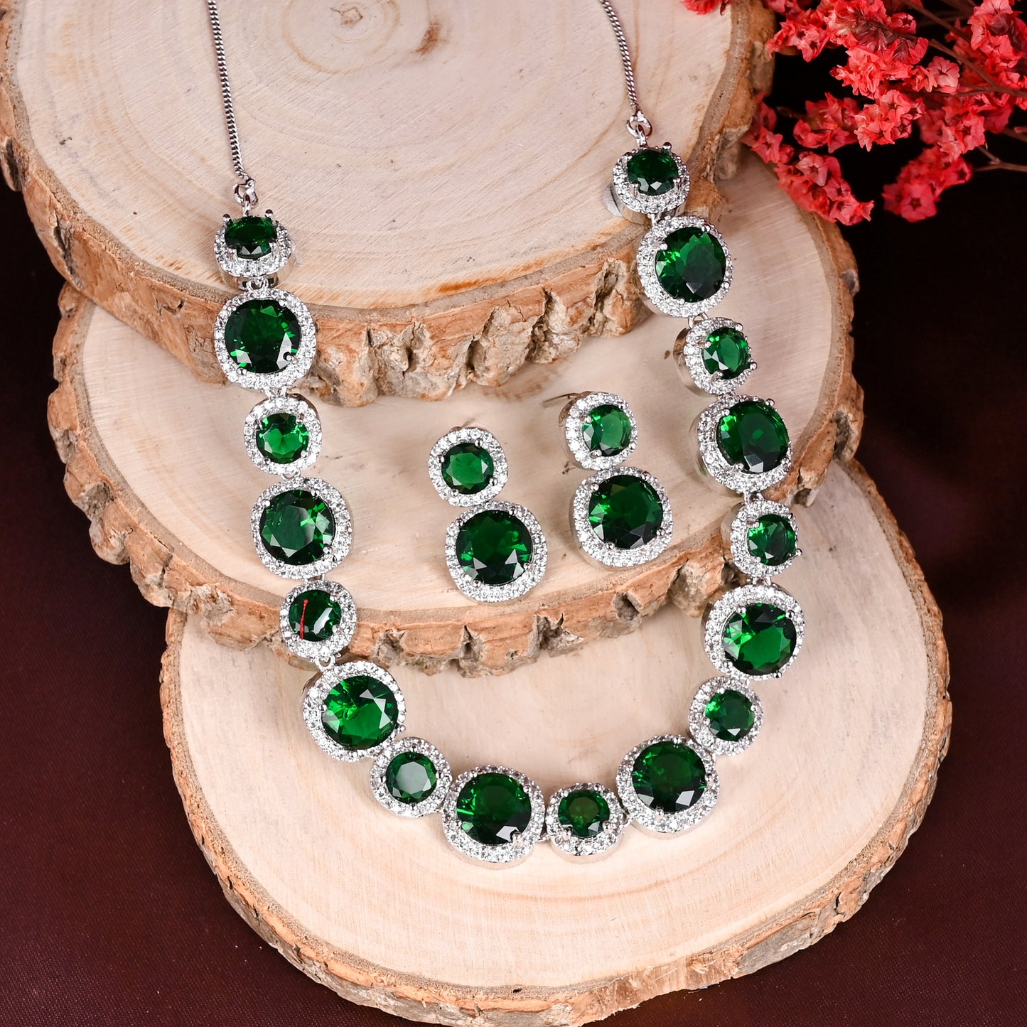 CKLAKART's NOOR Silver-Toned Necklace Set Adorned with Emerald Green Stones and Dazzling American Diamonds