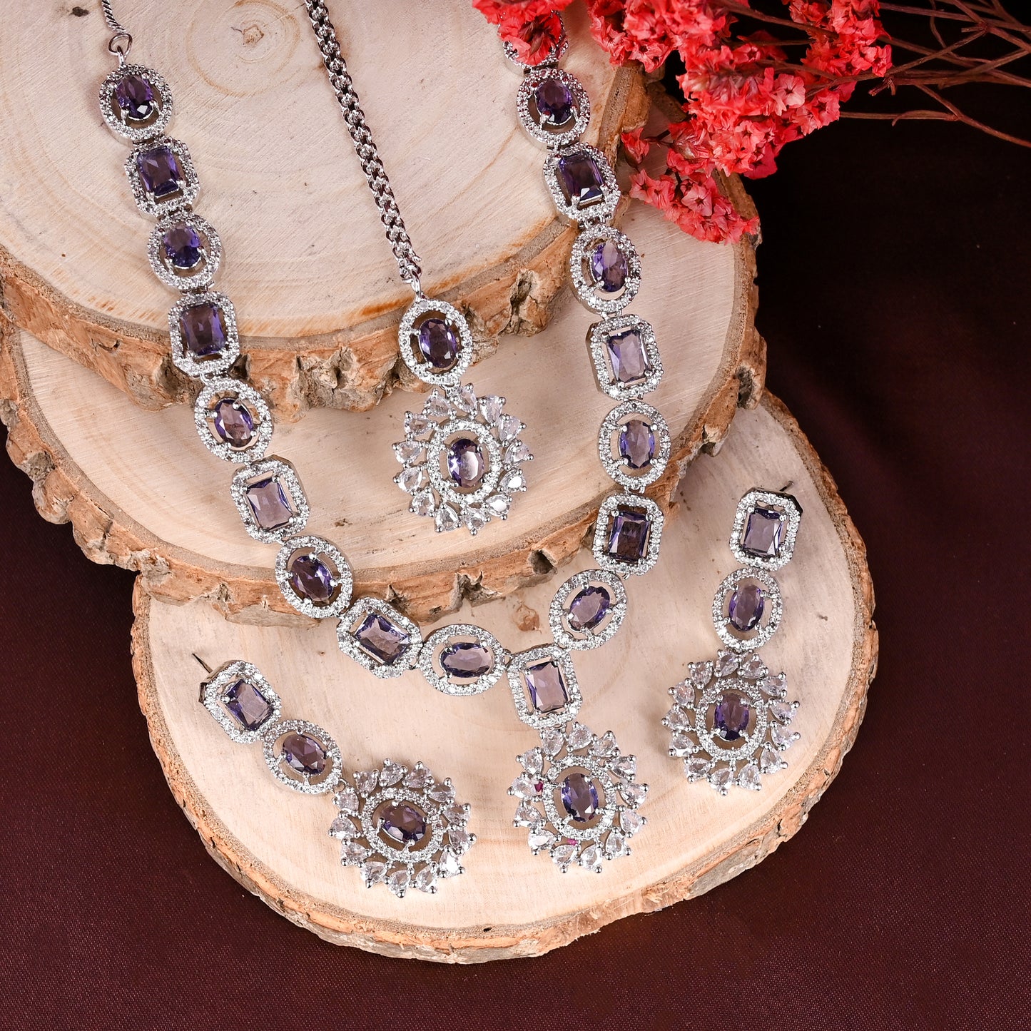 CKLAKART's NOOR Refined Silver Necklace Set with Amethyst Purple Stones and Elegant American Diamond Accents