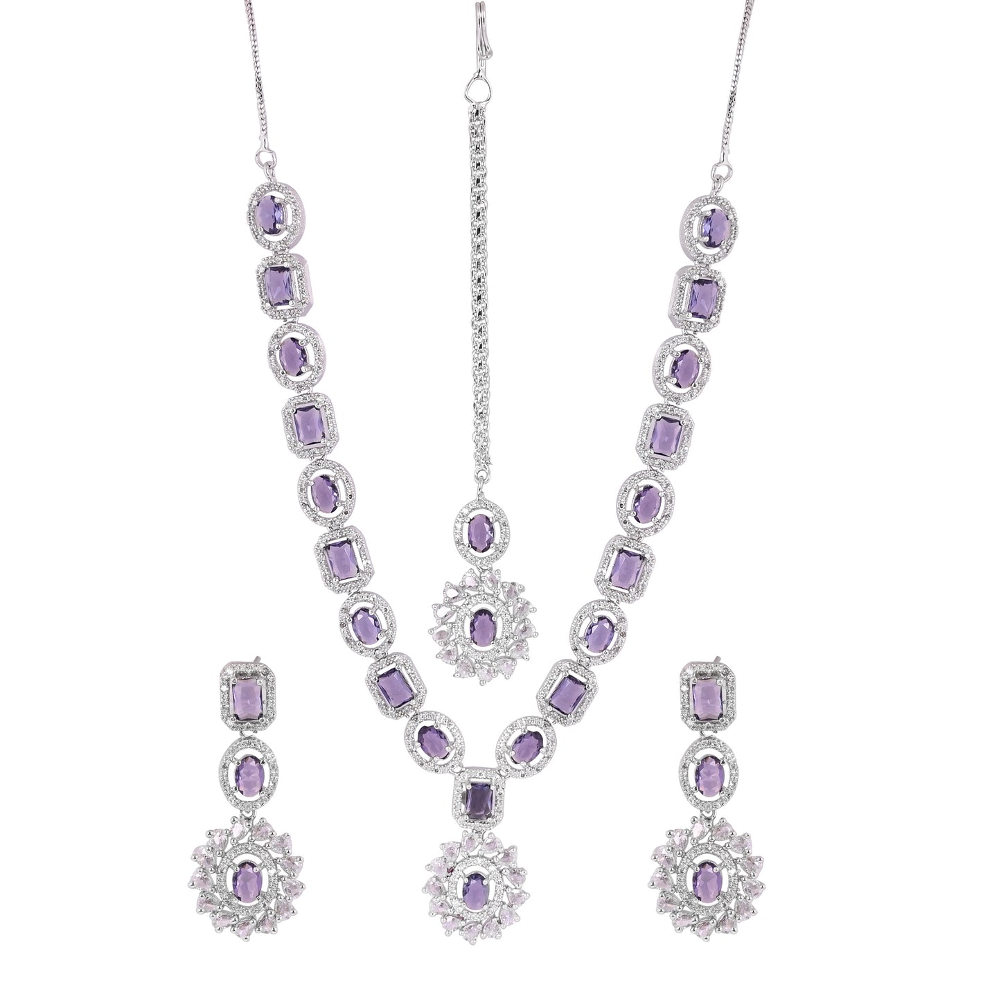 CKLAKART's NOOR Refined Silver Necklace Set with Amethyst Purple Stones and Elegant American Diamond Accents