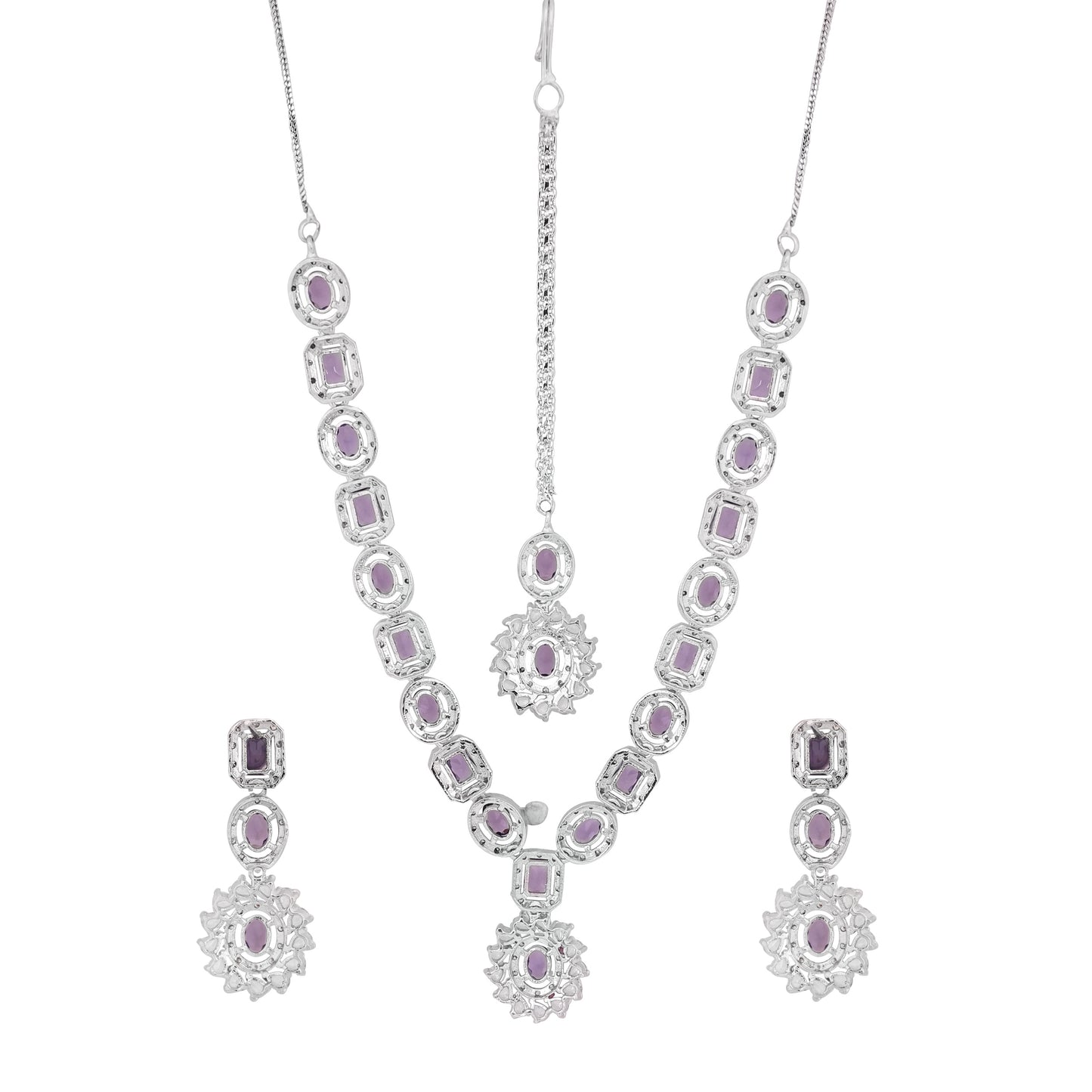 CKLAKART's NOOR Refined Silver Necklace Set with Amethyst Purple Stones and Elegant American Diamond Accents