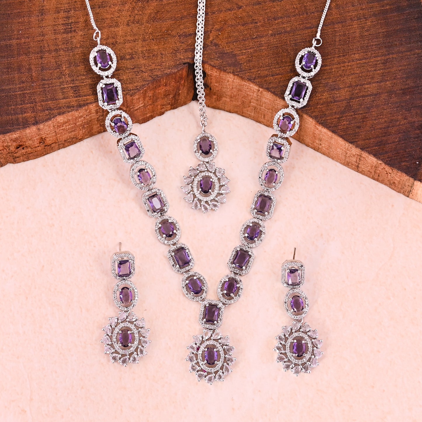 CKLAKART's NOOR Refined Silver Necklace Set with Amethyst Purple Stones and Elegant American Diamond Accents