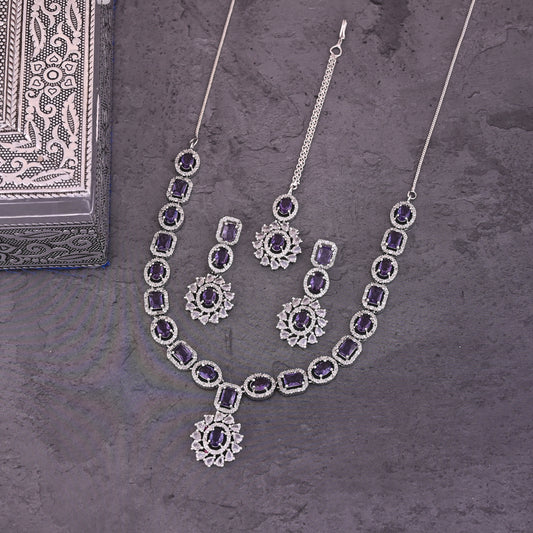 CKLAKART's NOOR Refined Silver Necklace Set with Amethyst Purple Stones and Elegant American Diamond Accents