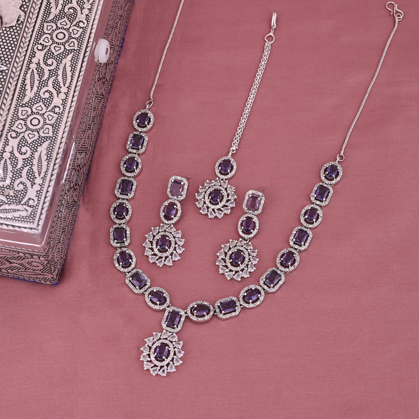 CKLAKART's NOOR Refined Silver Necklace Set with Amethyst Purple Stones and Elegant American Diamond Accents