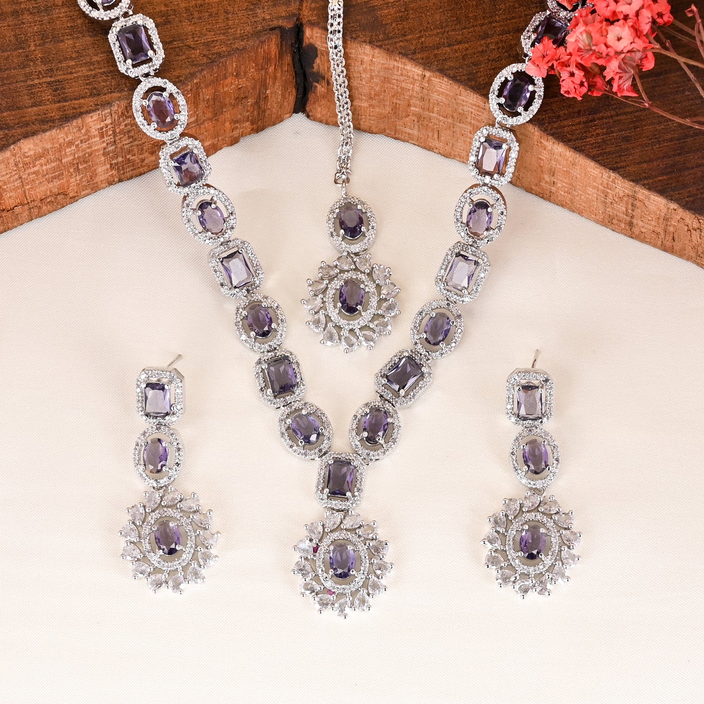 CKLAKART's NOOR Refined Silver Necklace Set with Amethyst Purple Stones and Elegant American Diamond Accents