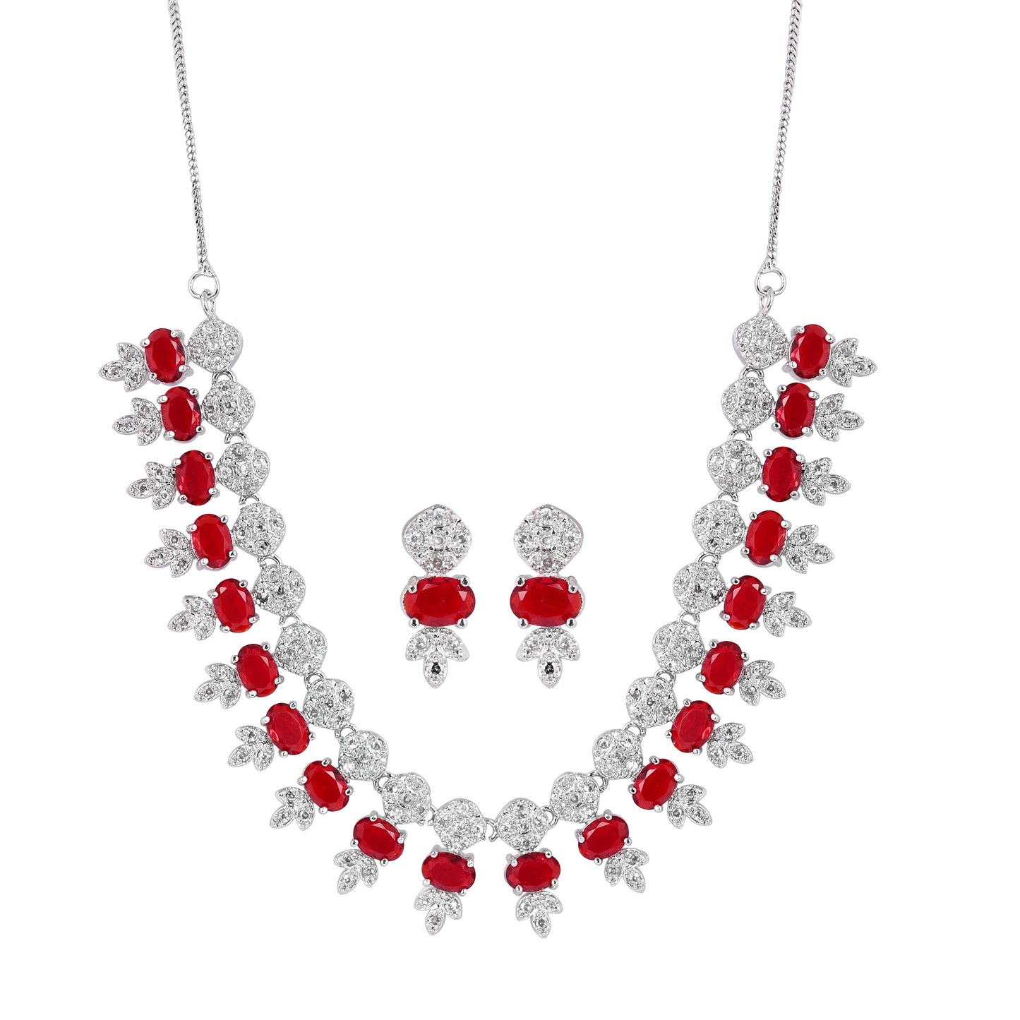 CKLAKART's NOOR Classic Silver-Toned Necklace Set with Ruby Red Stones and Sophisticated American Diamonds