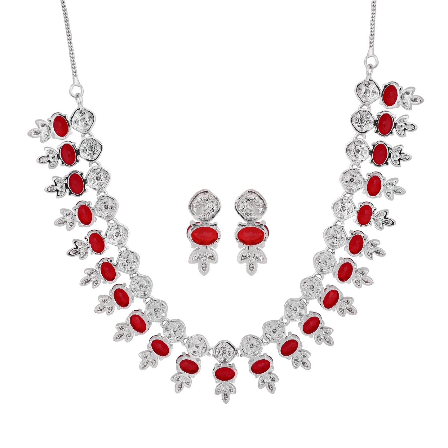 CKLAKART's NOOR Classic Silver-Toned Necklace Set with Ruby Red Stones and Sophisticated American Diamonds