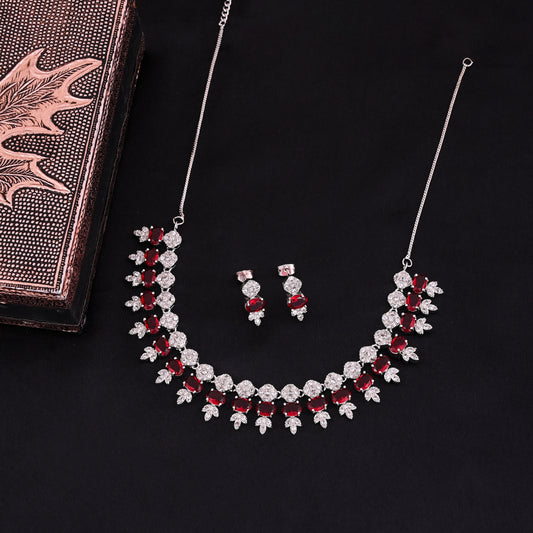 CKLAKART's NOOR Classic Silver-Toned Necklace Set with Ruby Red Stones and Sophisticated American Diamonds