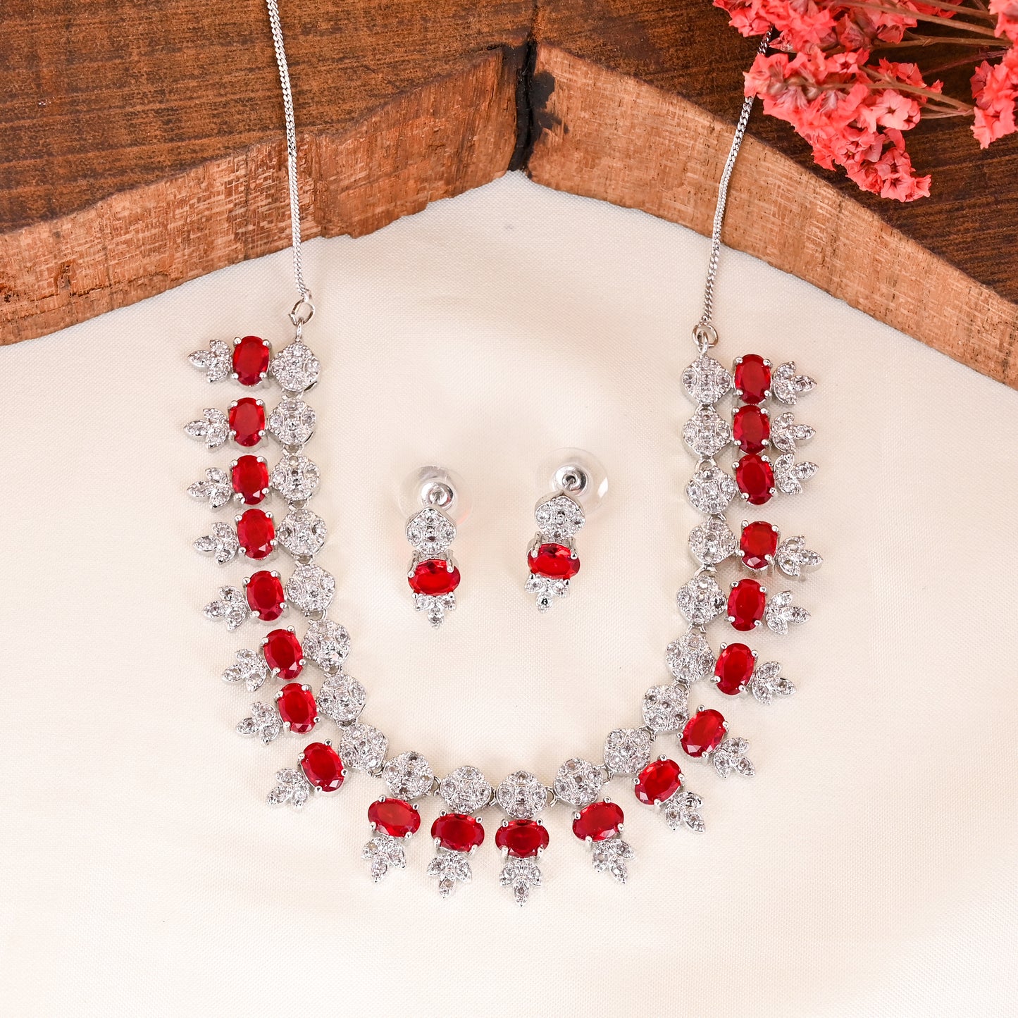 CKLAKART's NOOR Classic Silver-Toned Necklace Set with Ruby Red Stones and Sophisticated American Diamonds