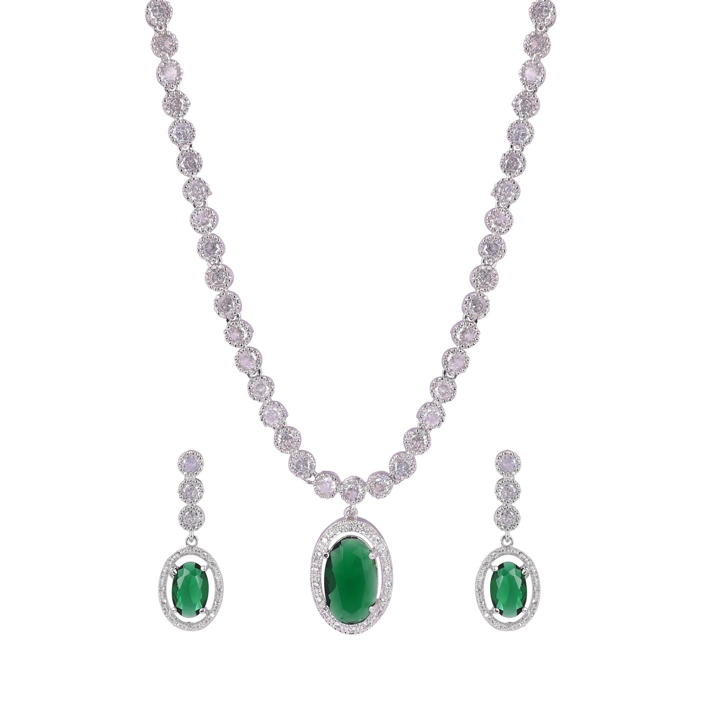 CKLAKART's NOOR Silver-Toned Oval Drop Necklace Set Adorned with Emerald Green Stones and Dazzling American Diamonds