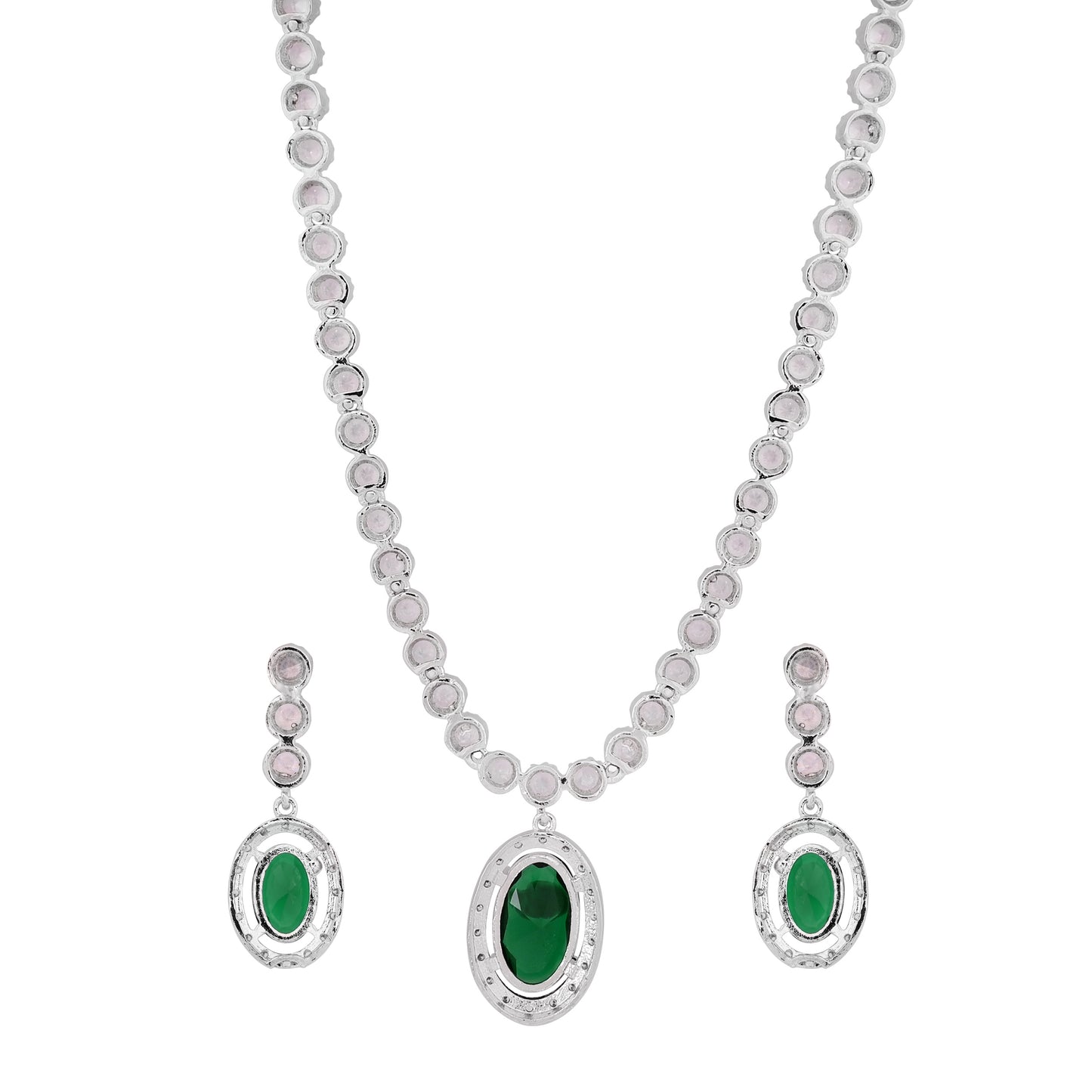 CKLAKART's NOOR Silver-Toned Oval Drop Necklace Set Adorned with Emerald Green Stones and Dazzling American Diamonds