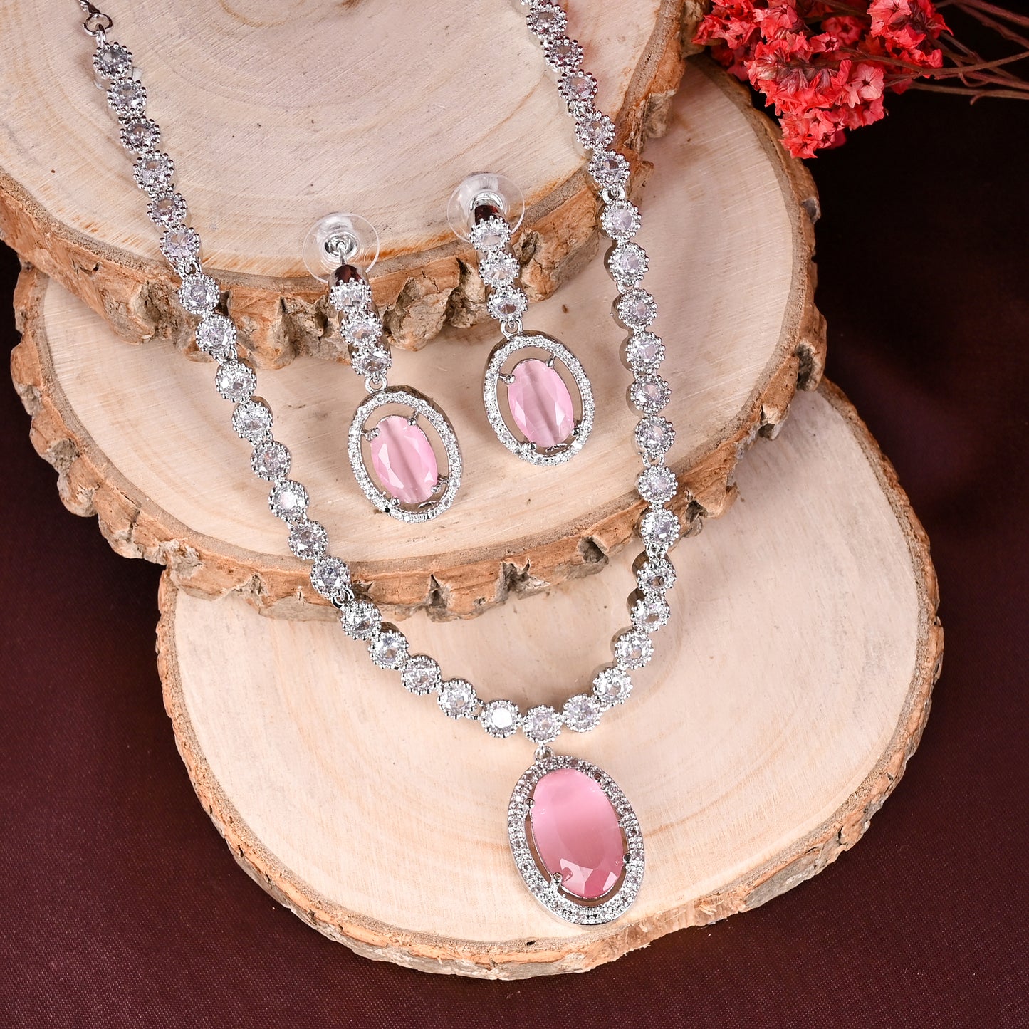 CKLAKART's NOOR Silver-Toned Oval Drop Necklace Set Adorned with Pink Stones and Dazzling American Diamonds