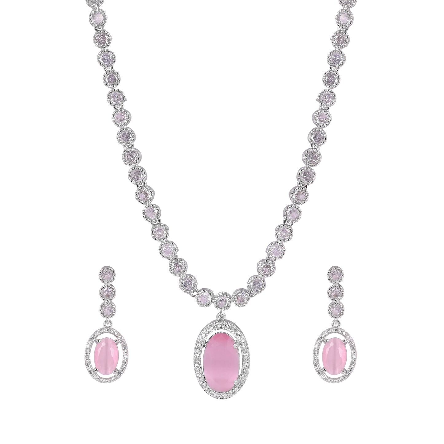 CKLAKART's NOOR Silver-Toned Oval Drop Necklace Set Adorned with Pink Stones and Dazzling American Diamonds