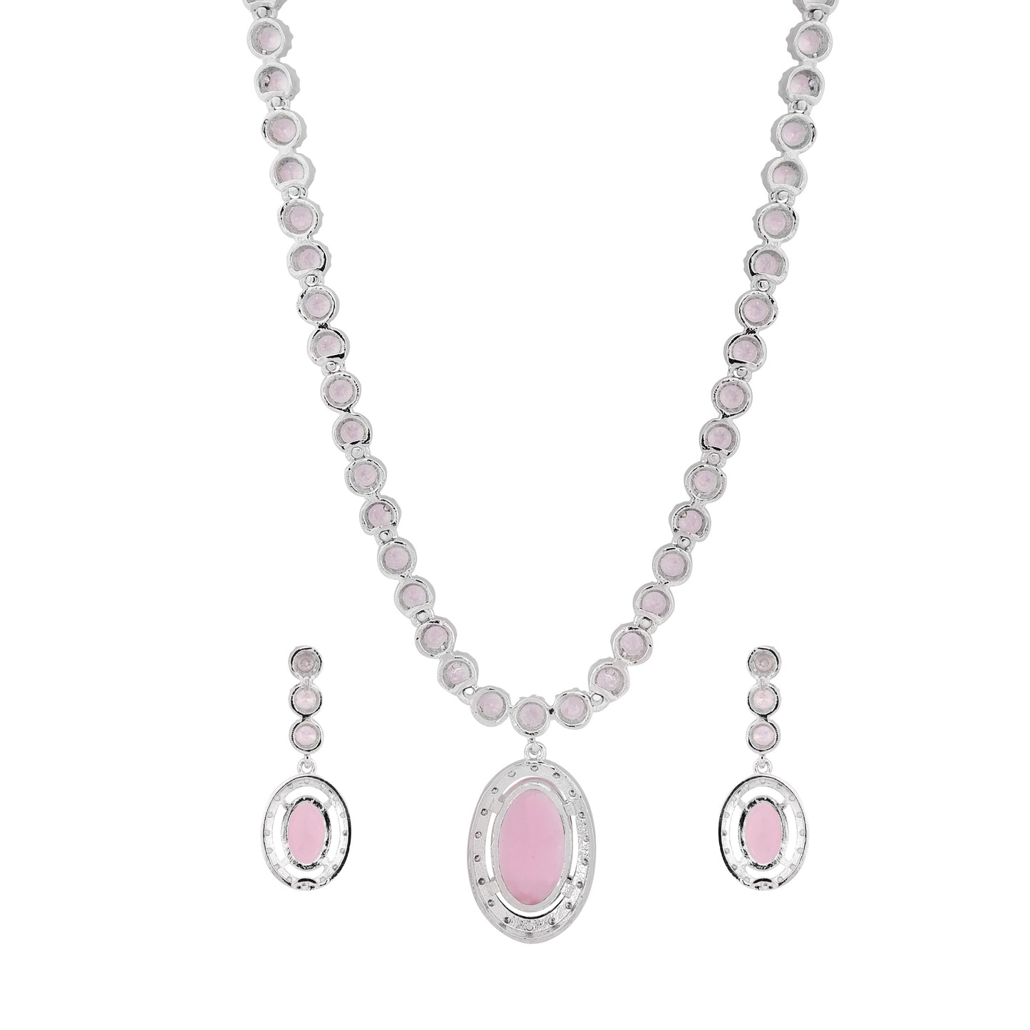 CKLAKART's NOOR Silver-Toned Oval Drop Necklace Set Adorned with Pink Stones and Dazzling American Diamonds