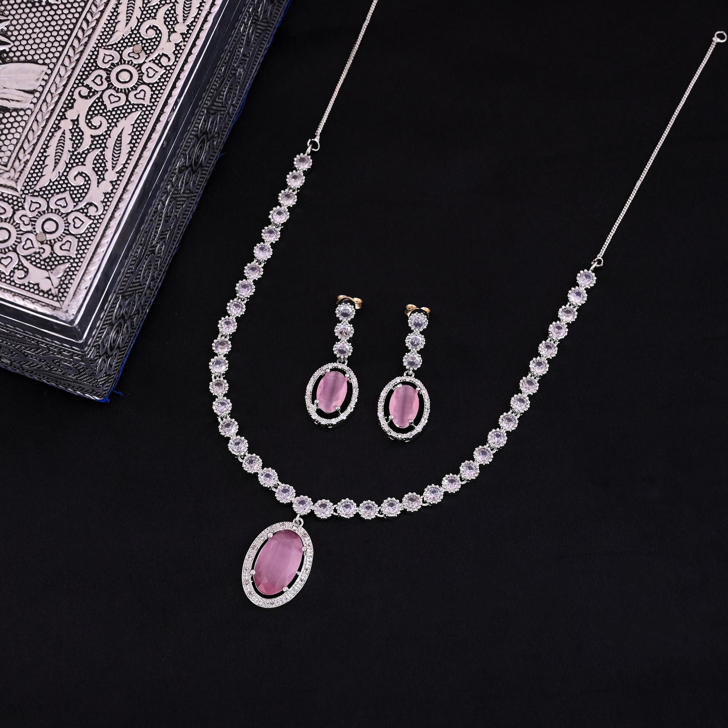 CKLAKART's NOOR Silver-Toned Oval Drop Necklace Set Adorned with Pink Stones and Dazzling American Diamonds