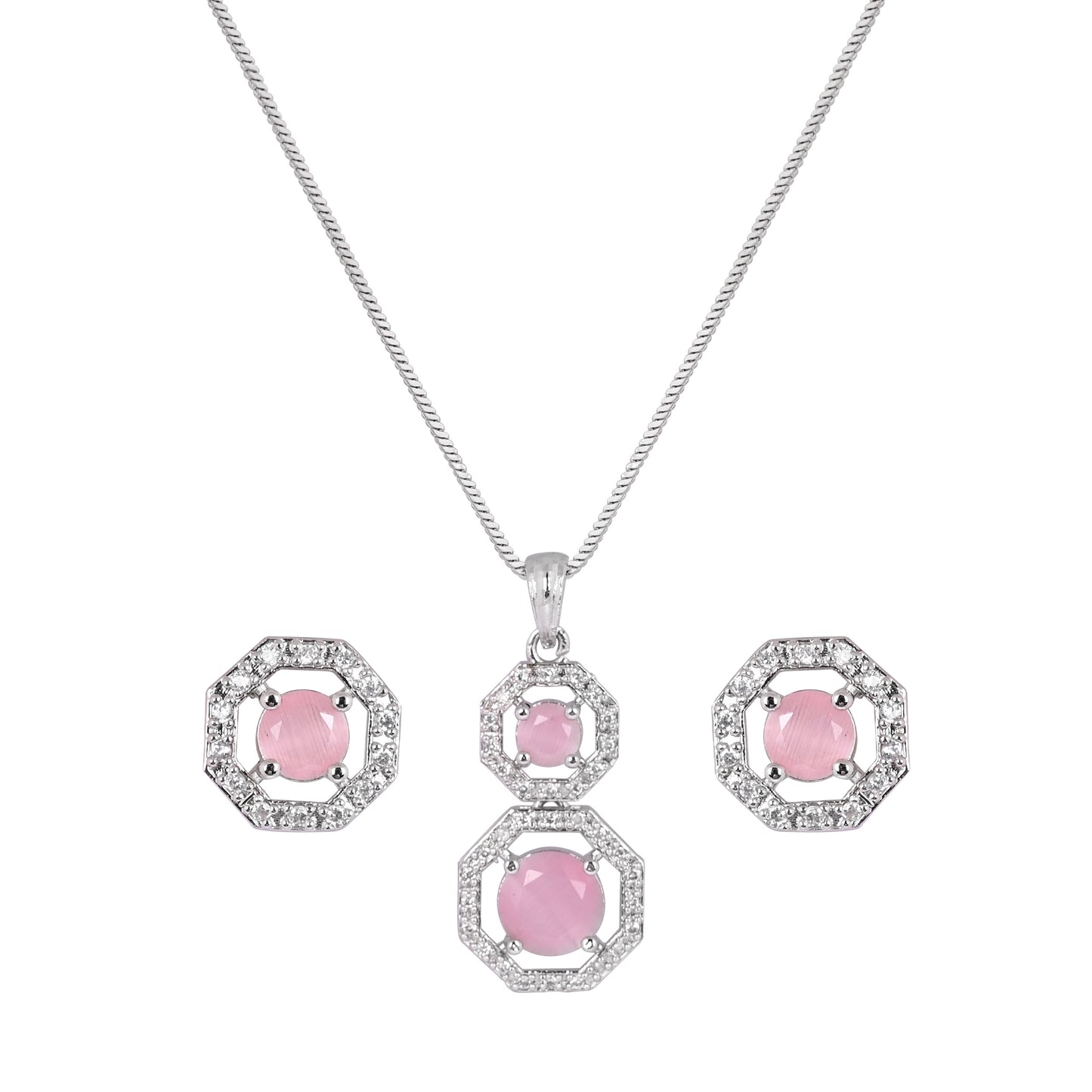 CKLAKART's NOOR Silver-Toned Chain Pendant Set Adorned with Pink Stones and Dazzling American Diamonds