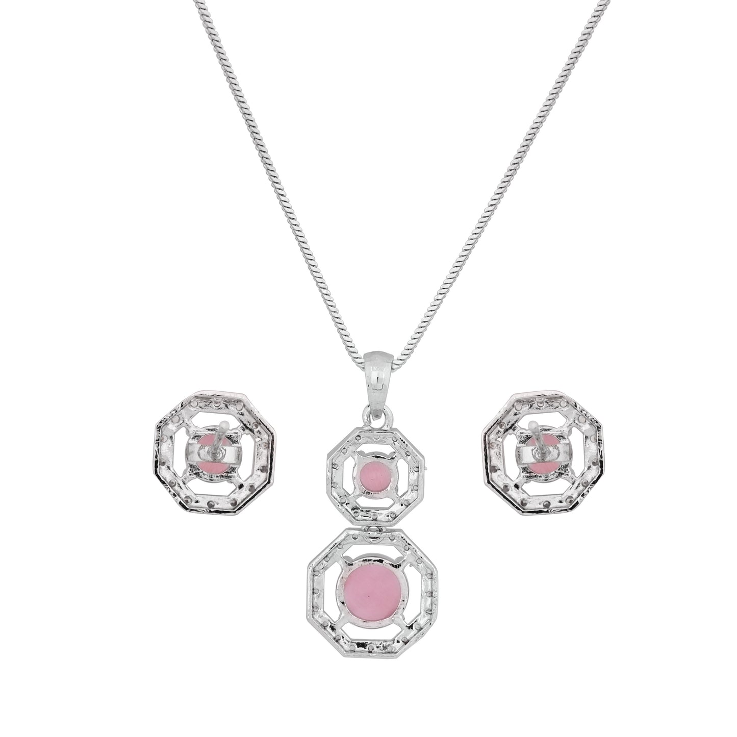 CKLAKART's NOOR Silver-Toned Chain Pendant Set Adorned with Pink Stones and Dazzling American Diamonds