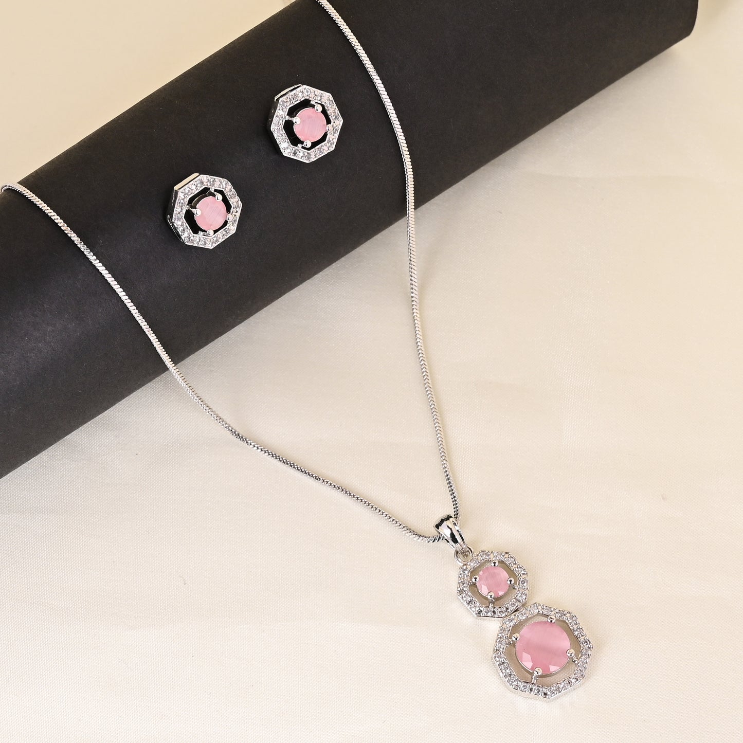 CKLAKART's NOOR Silver-Toned Chain Pendant Set Adorned with Pink Stones and Dazzling American Diamonds