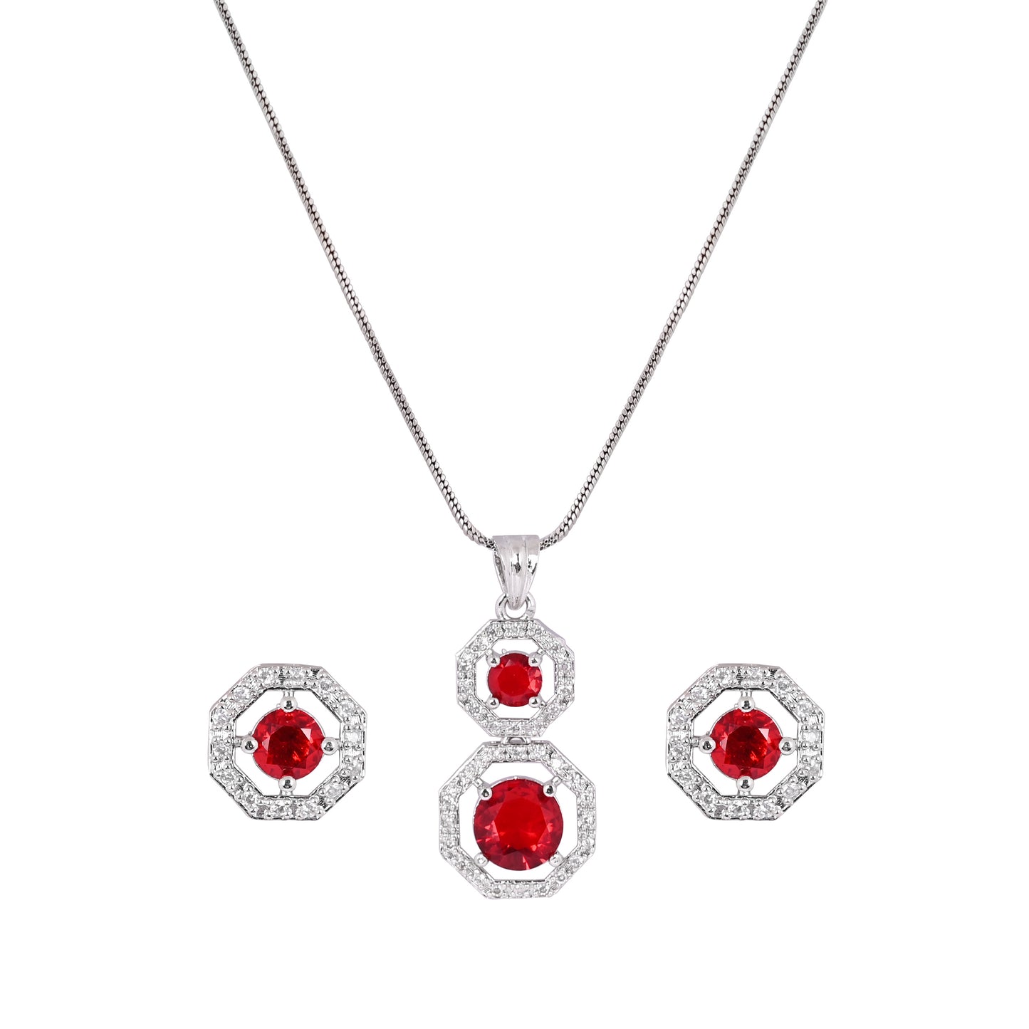 CKLAKART's NOOR Silver-Toned Chain Pendant Set Adorned with Ruby Red Stones and Dazzling American Diamonds