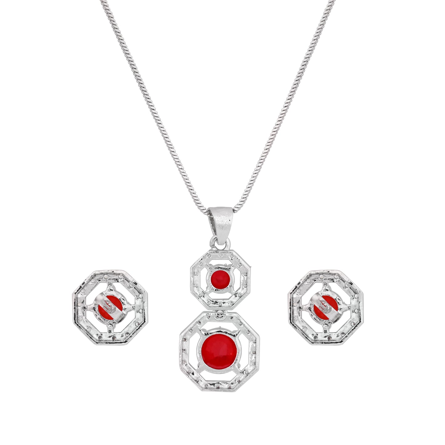 CKLAKART's NOOR Silver-Toned Chain Pendant Set Adorned with Ruby Red Stones and Dazzling American Diamonds