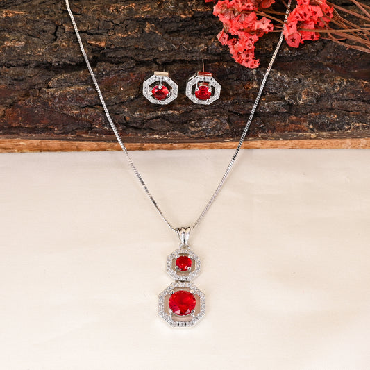 CKLAKART's NOOR Silver-Toned Chain Pendant Set Adorned with Ruby Red Stones and Dazzling American Diamonds