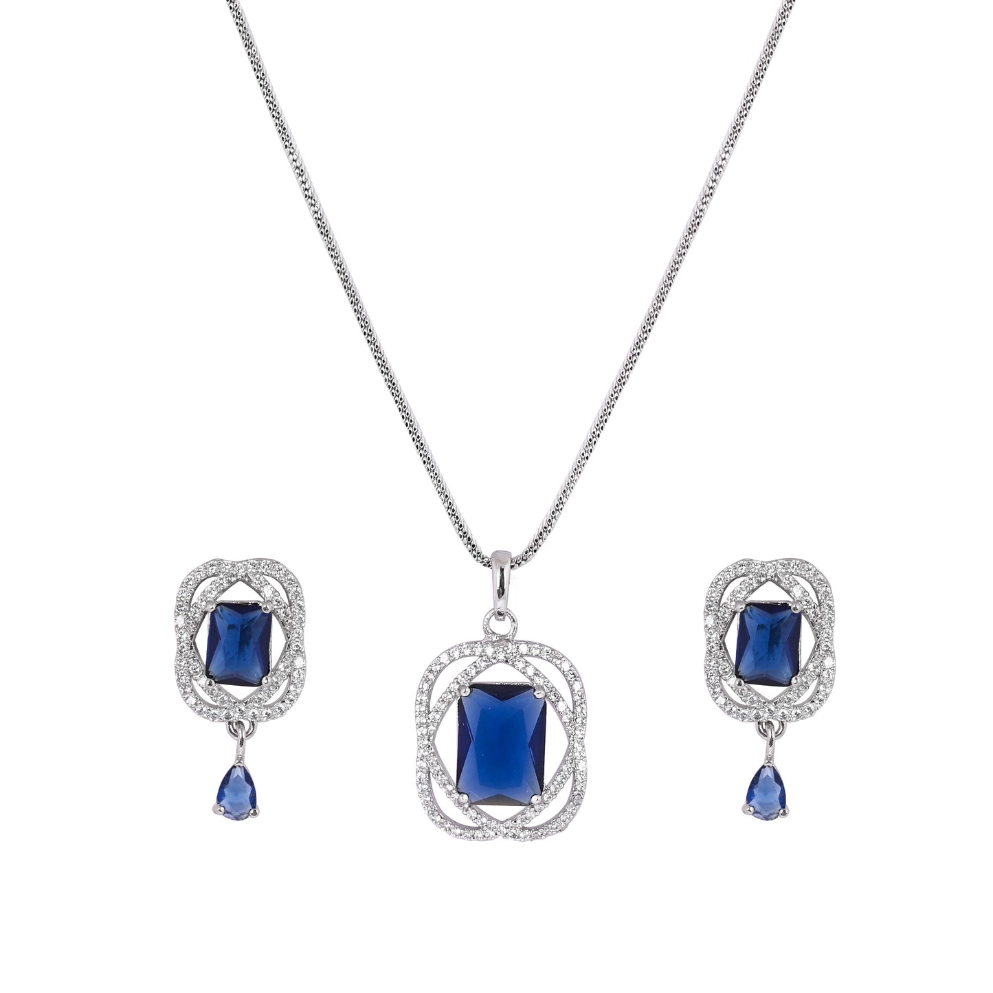 CKLAKART's NOOR Silver Chain Pendant Set Featuring Sapphire Blue Stones and Sparkling American Diamonds