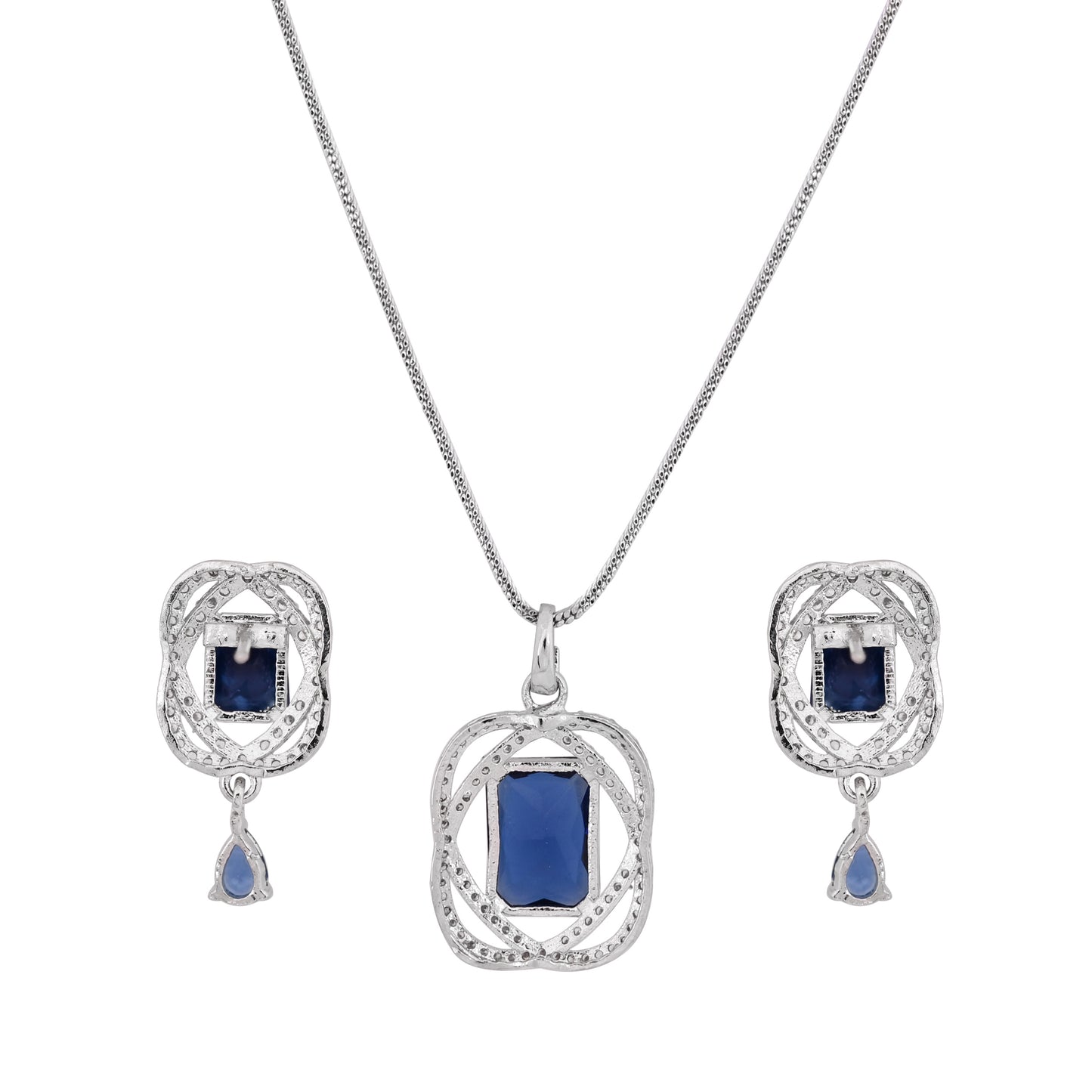 CKLAKART's NOOR Silver Chain Pendant Set Featuring Sapphire Blue Stones and Sparkling American Diamonds