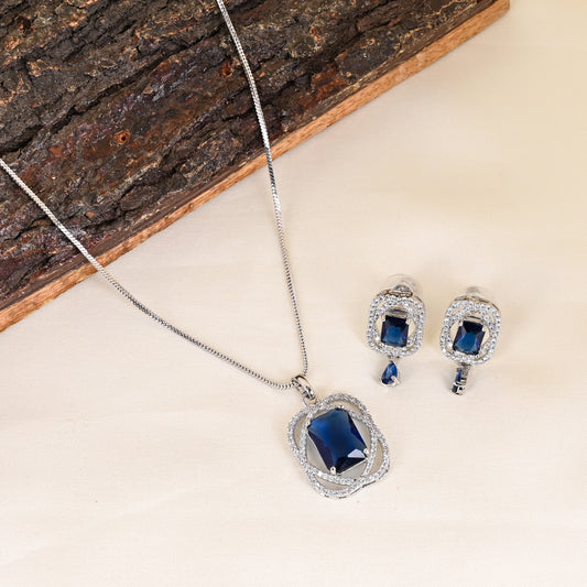 CKLAKART's NOOR Silver Chain Pendant Set Featuring Sapphire Blue Stones and Sparkling American Diamonds