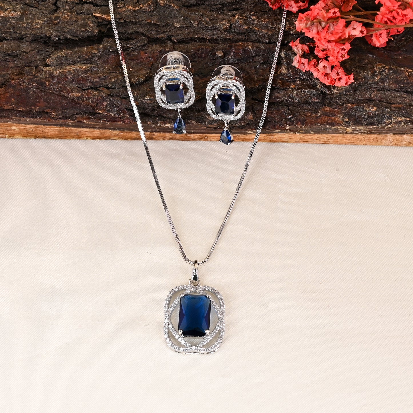 CKLAKART's NOOR Silver Chain Pendant Set Featuring Sapphire Blue Stones and Sparkling American Diamonds