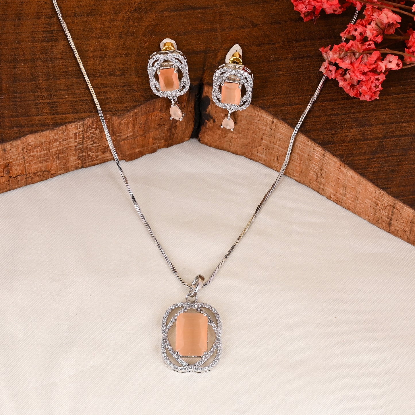 CKLAKART's NOOR Silver Chain Pendant Set Featuring Citrine Yellow Stones and Sparkling American Diamonds