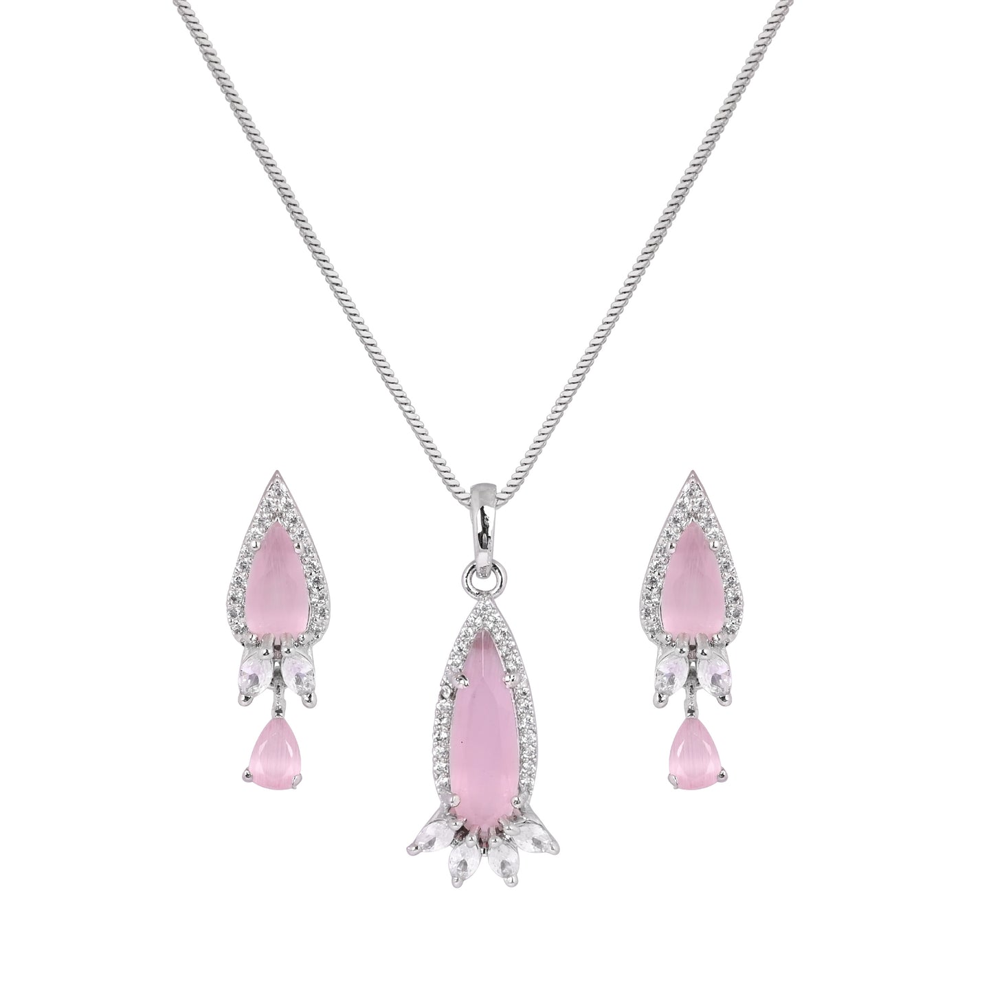 CKLAKART's NOOR Silver Droplet Chain Pendant Set Featuring Pink Stones and Sparkling American Diamonds