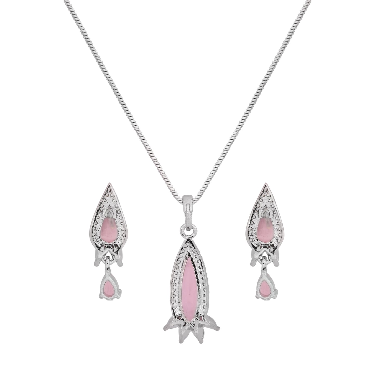 CKLAKART's NOOR Silver Droplet Chain Pendant Set Featuring Pink Stones and Sparkling American Diamonds