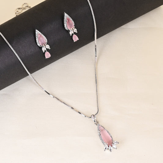 CKLAKART's NOOR Silver Droplet Chain Pendant Set Featuring Pink Stones and Sparkling American Diamonds