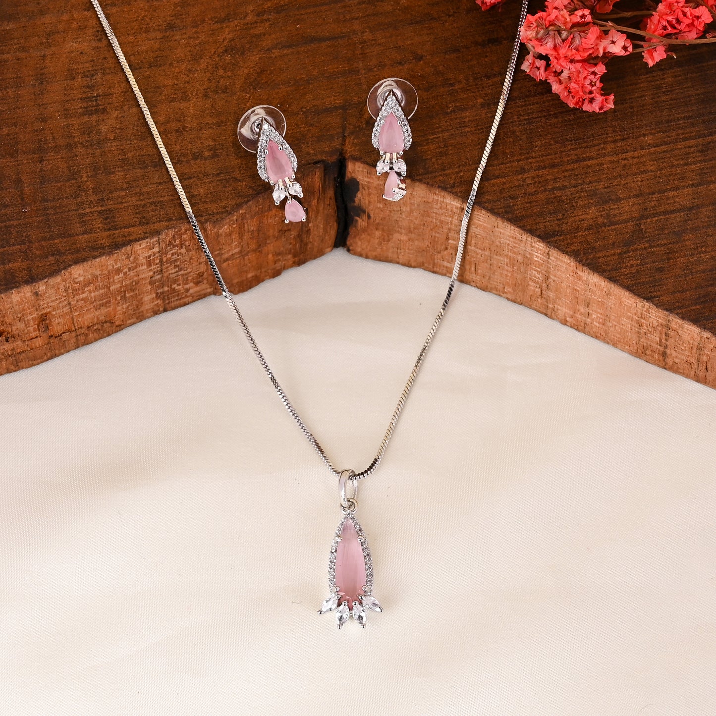 CKLAKART's NOOR Silver Droplet Chain Pendant Set Featuring Pink Stones and Sparkling American Diamonds