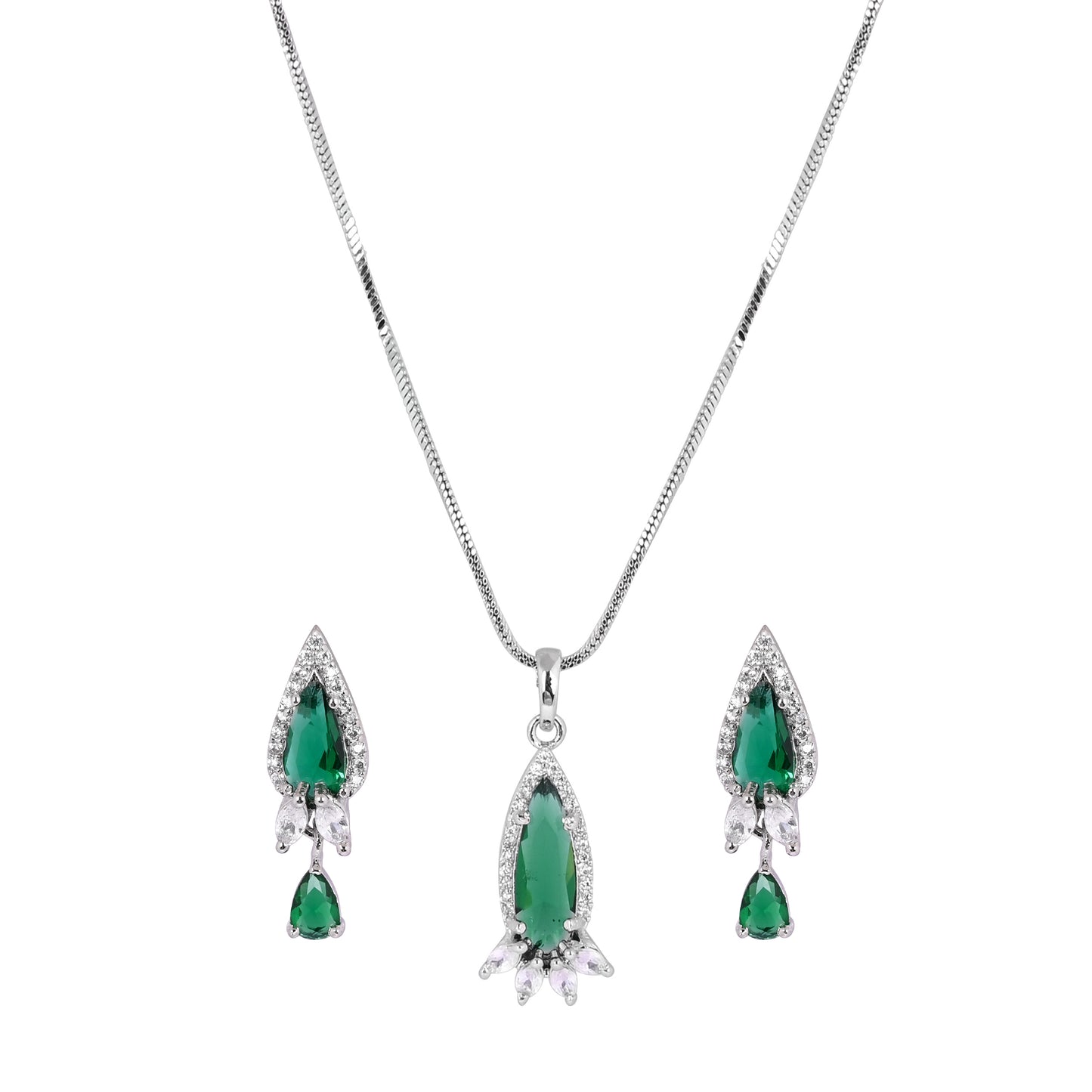 CKLAKART's NOOR Silver Droplet Chain Pendant Set Featuring Emerald Green Stones and Sparkling American Diamonds