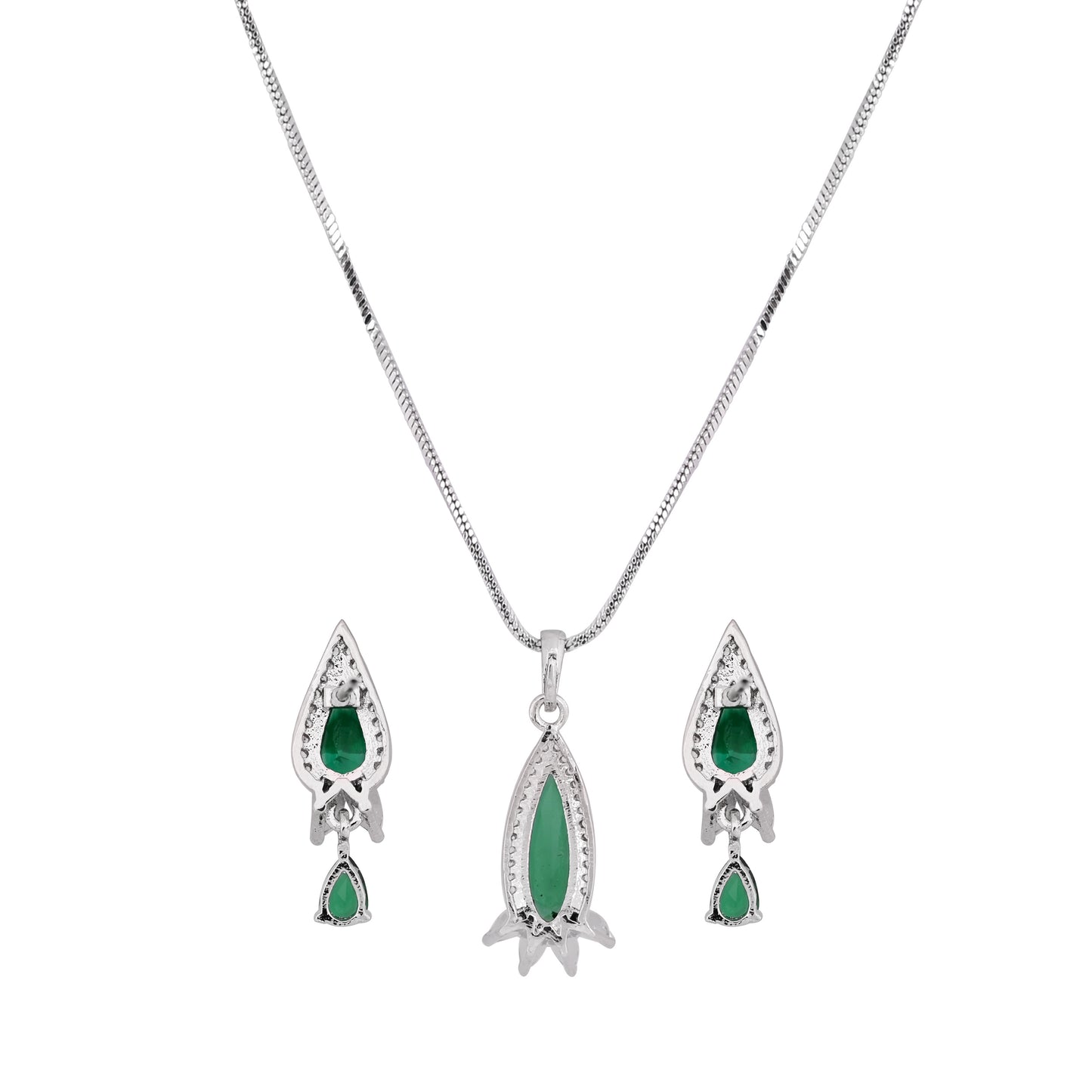 CKLAKART's NOOR Silver Droplet Chain Pendant Set Featuring Emerald Green Stones and Sparkling American Diamonds