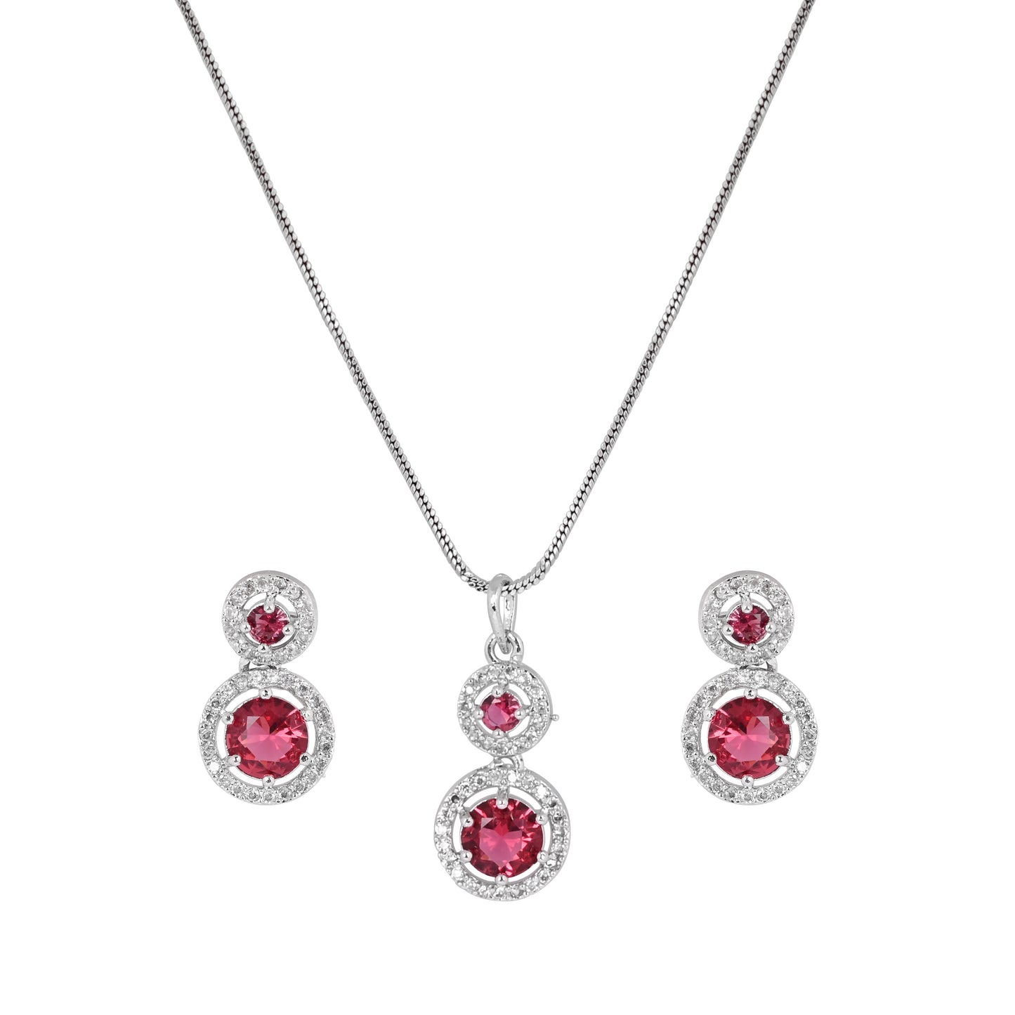 CKLAKART's NOOR Refined Silver Chain Pendant Set with Ruby Red Stones and Elegant American Diamond Accents