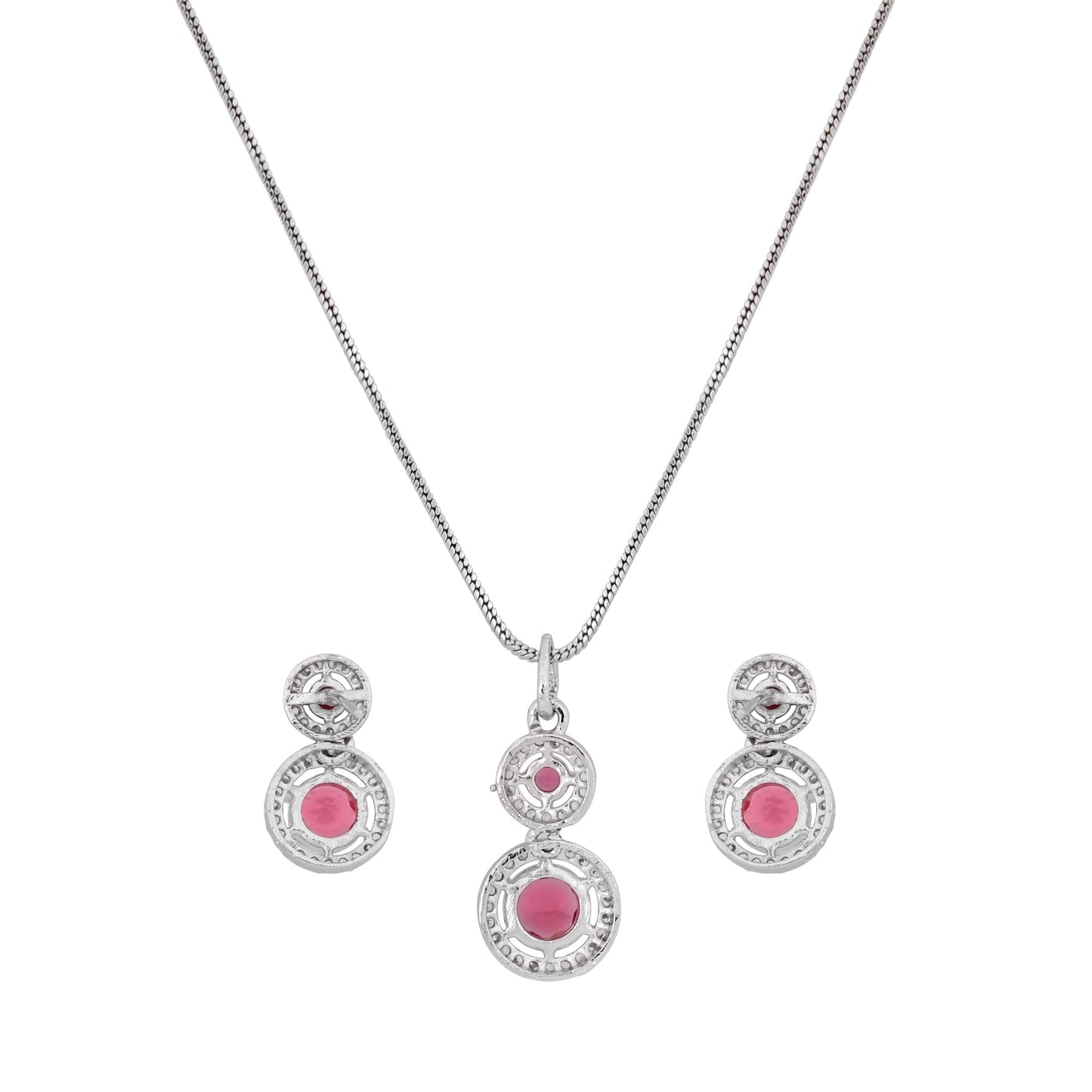 CKLAKART's NOOR Refined Silver Chain Pendant Set with Ruby Red Stones and Elegant American Diamond Accents