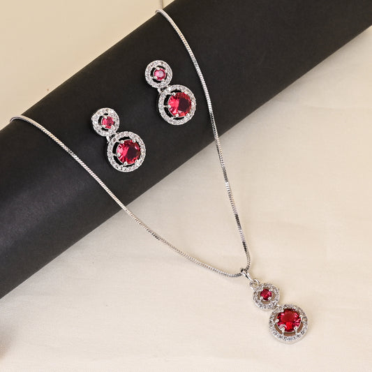 CKLAKART's NOOR Refined Silver Chain Pendant Set with Ruby Red Stones and Elegant American Diamond Accents