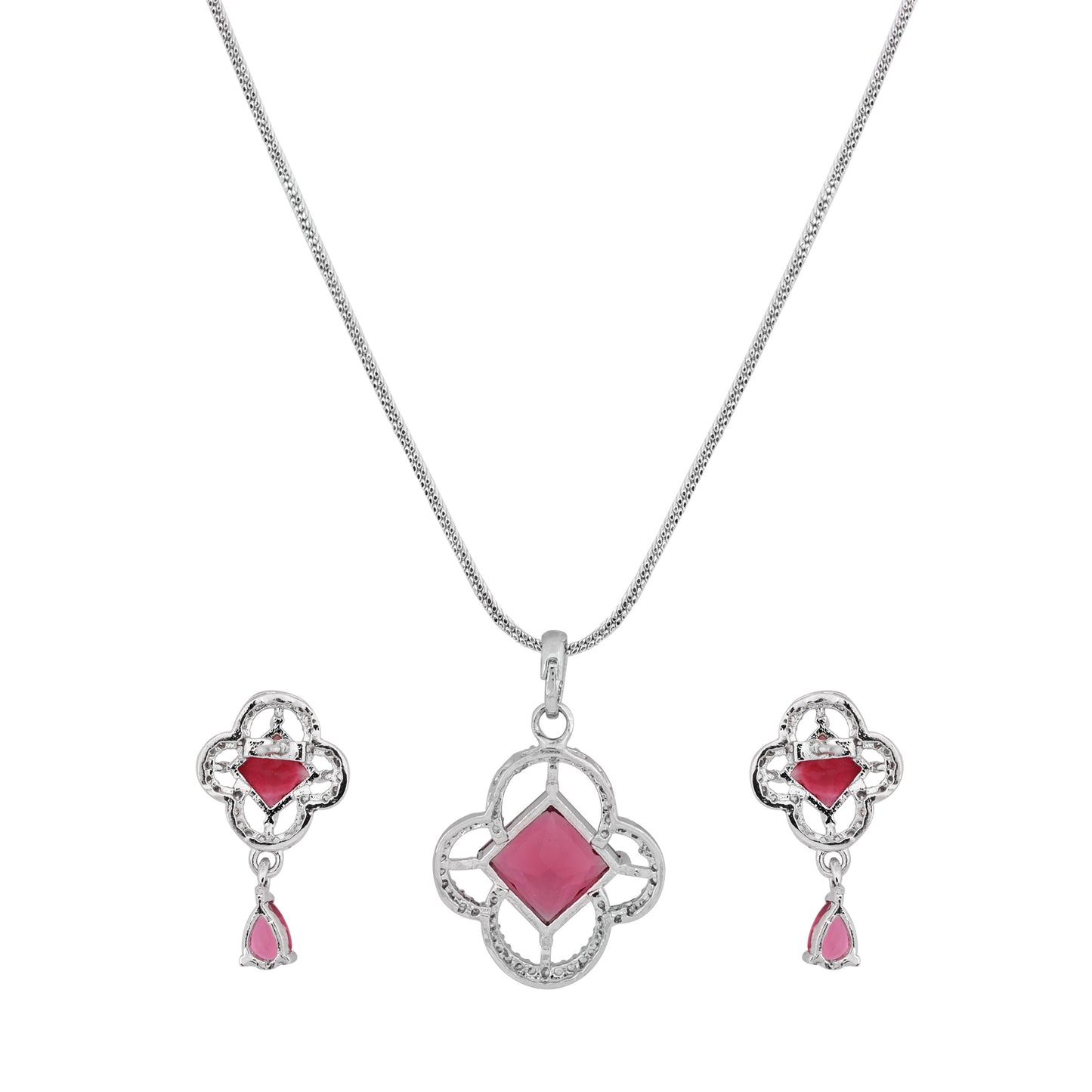 CKLAKART's NOOR Silver-Toned Chain Pendant Set Adorned with Ruby Red Stones and Dazzling American Diamonds