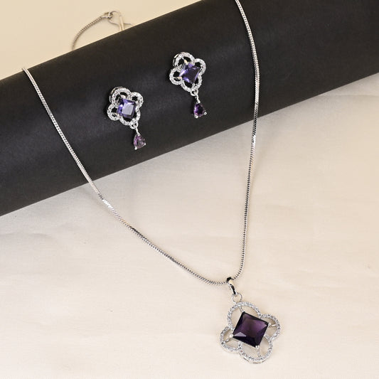 CKLAKART's NOOR Silver-Toned Chain Pendant Set Adorned with Amethyst Purple Stones and Dazzling American Diamonds