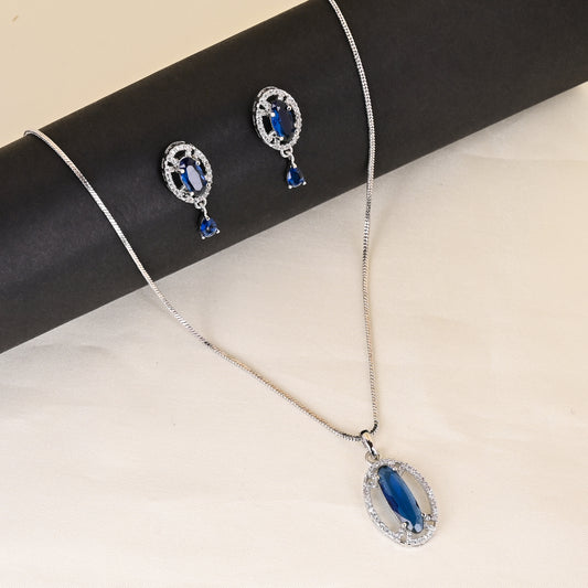 CKLAKART's NOOR Silver-Toned Chain Pendant Set Adorned with Topaz Blue Stones and Dazzling American Diamonds